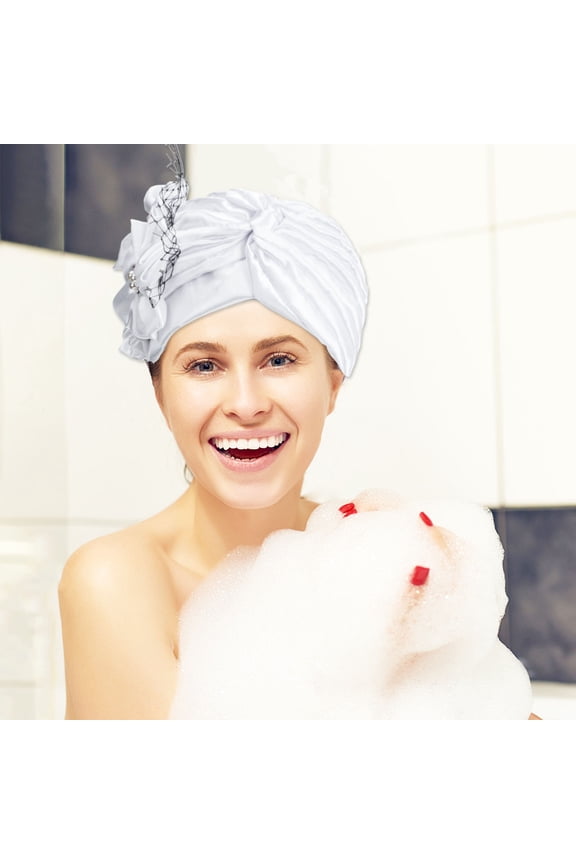 Stylish White Satin Turban Hat Female Headwrap for Home Hair Care and Decoration