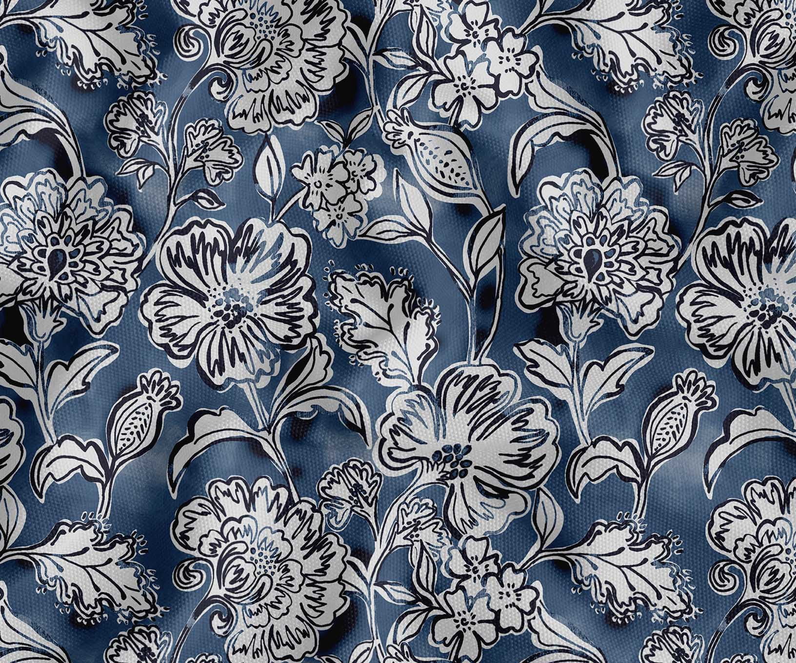 Soimoi 100% Cotton Canvas Fabric - Floral Design, Blue | 56