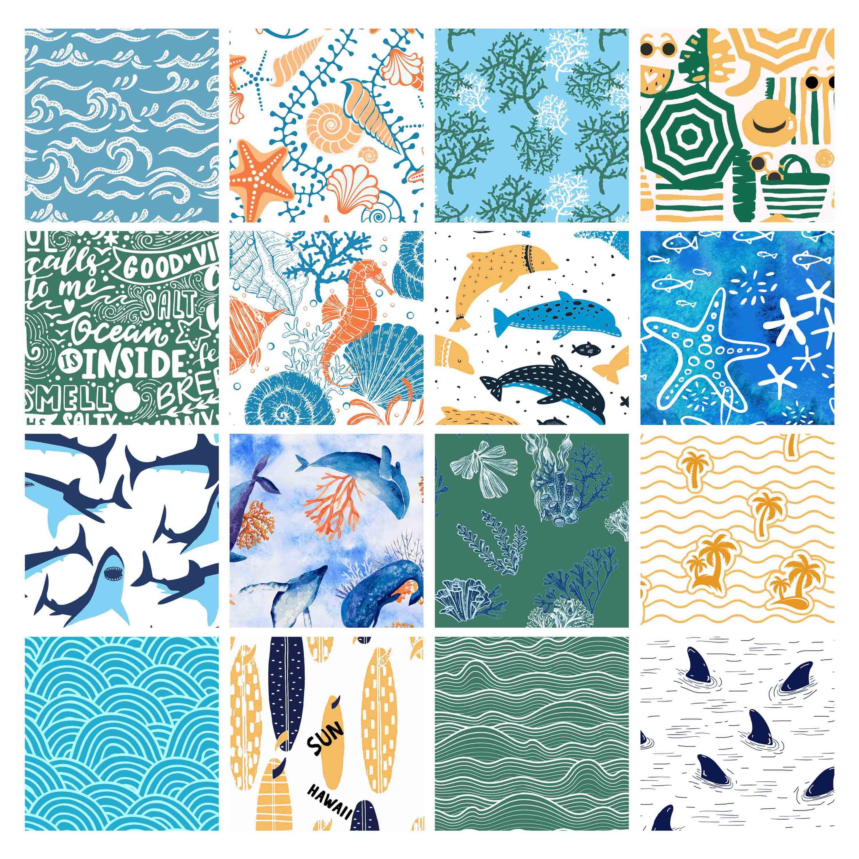 Soimoi 16 Pc Fat Quarter Bundle OceanPrint 18"x 22"DIY Patchwork-100% CottonPre-Cut Quilting Fabric Blue & Green