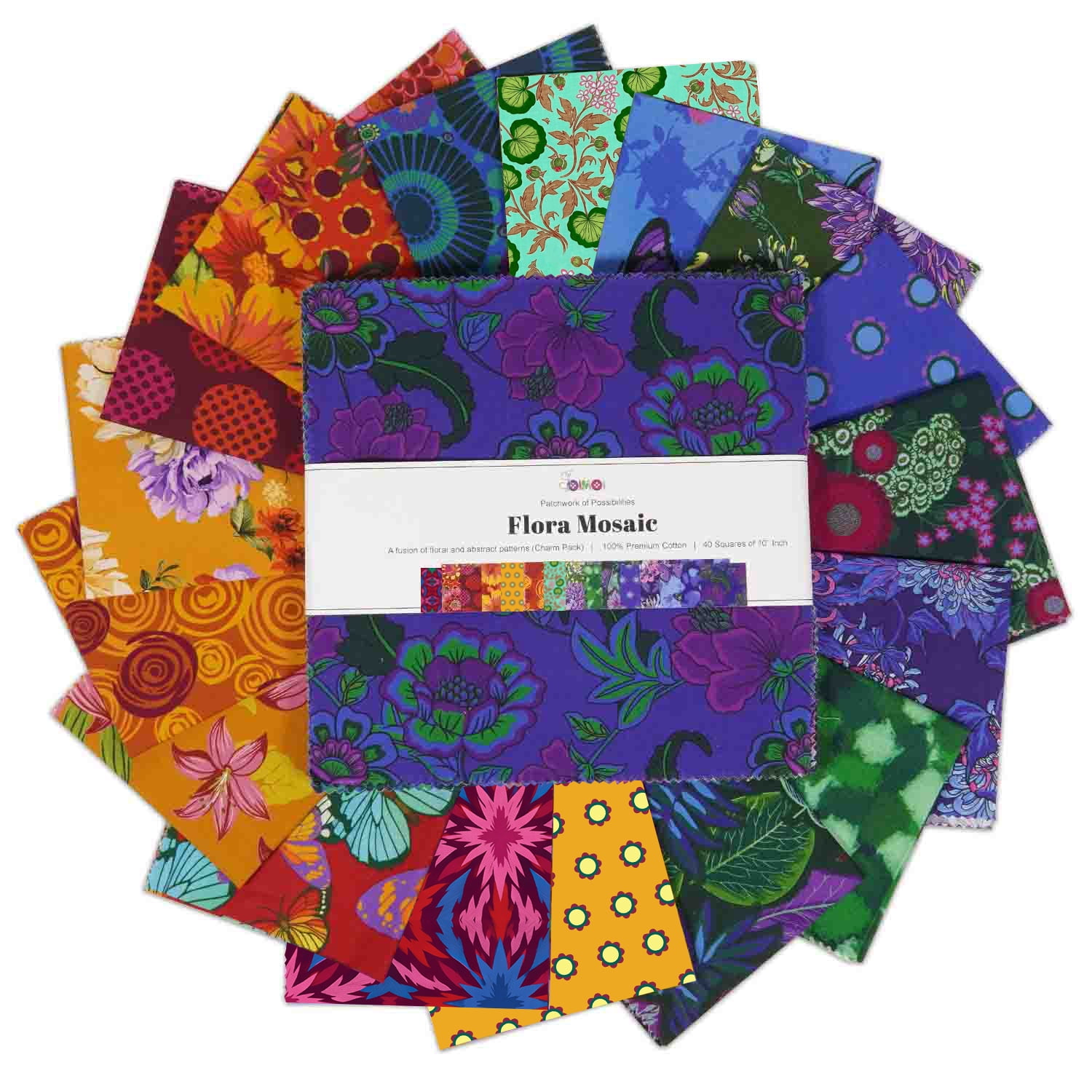 Soimoi 40 Pcs Cotton Fabric Squares Bundles Charm Packs for Quilting, Fat Quarter Layer Cakes, Fabric Scraps for Crafts,Precuts Quilt Squares 10 x 10 inches, DIY Fabric Bundle - Flora Mosaic