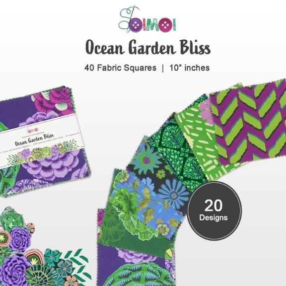 Soimoi 40Pcs 10" x 10" DIY Cotton Fabric Squares, 10" layer Cake Fabric, Fabric Squares Patchwork, Pre-Cut Quilt Charm Pack, DIY Sewing Quarters Bundle, Quilting Fabric- Ocean Garden Bliss