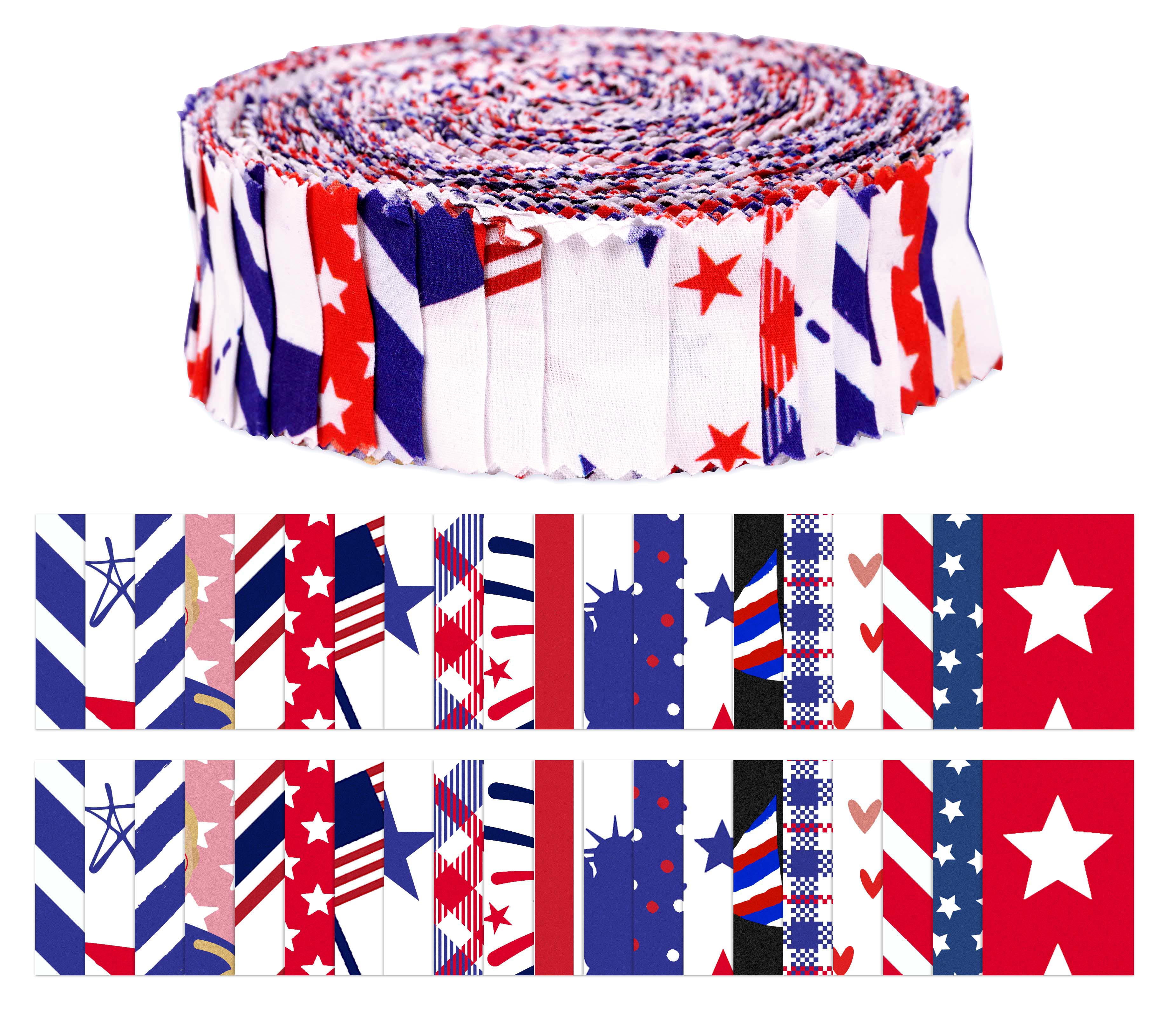 Soimoi 40Pcs American Color Flag Theme Print Precut Fabrics Strips Roll Up 1.5x42inches Cotton Jelly Rolls For Quilting - Red, Blue & White