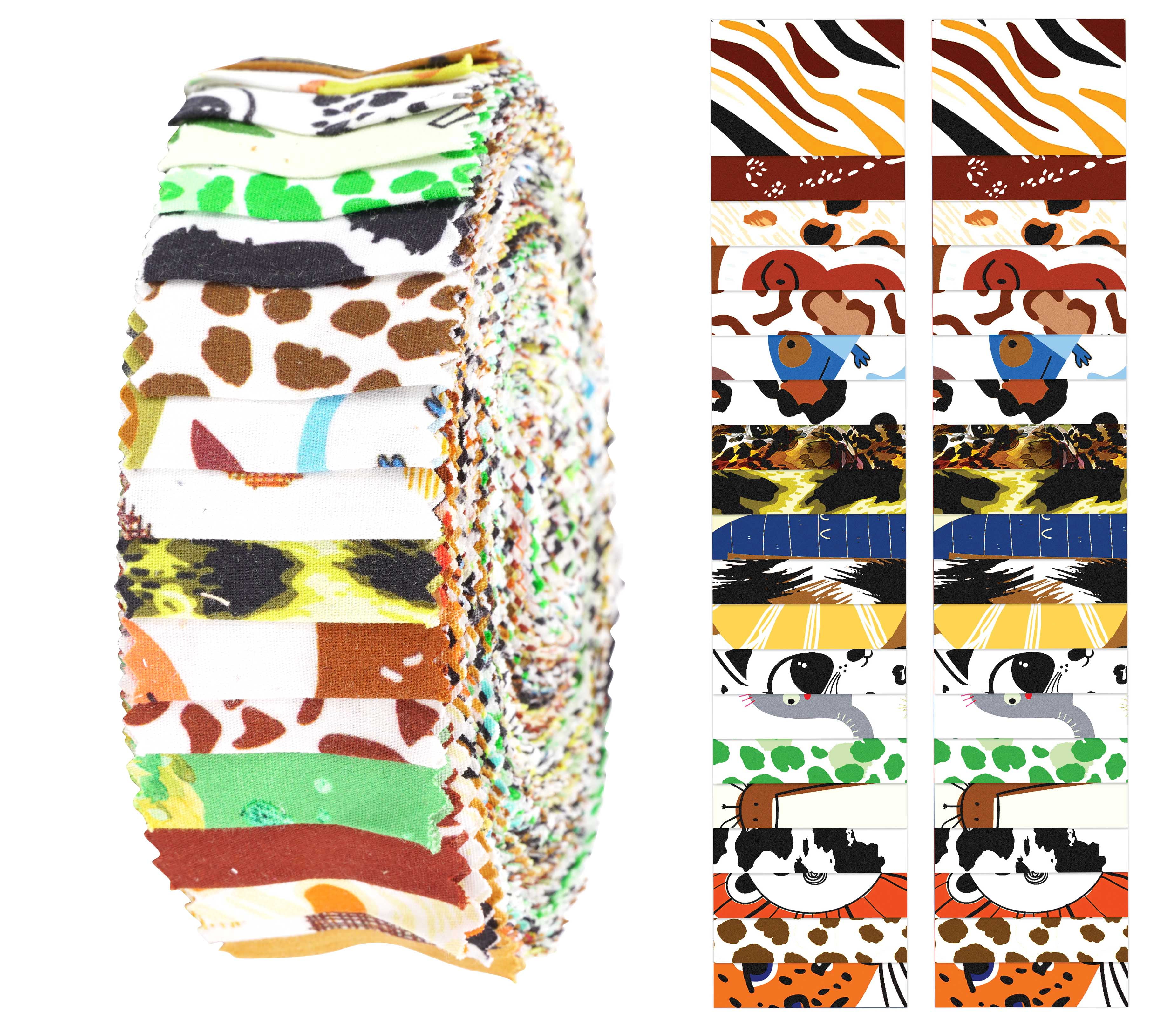 Soimoi 40Pcs Animal Print Precut Fabrics Strips Roll Up 1.5x42inches Cotton Jelly Rolls For Quilting - Multicolor