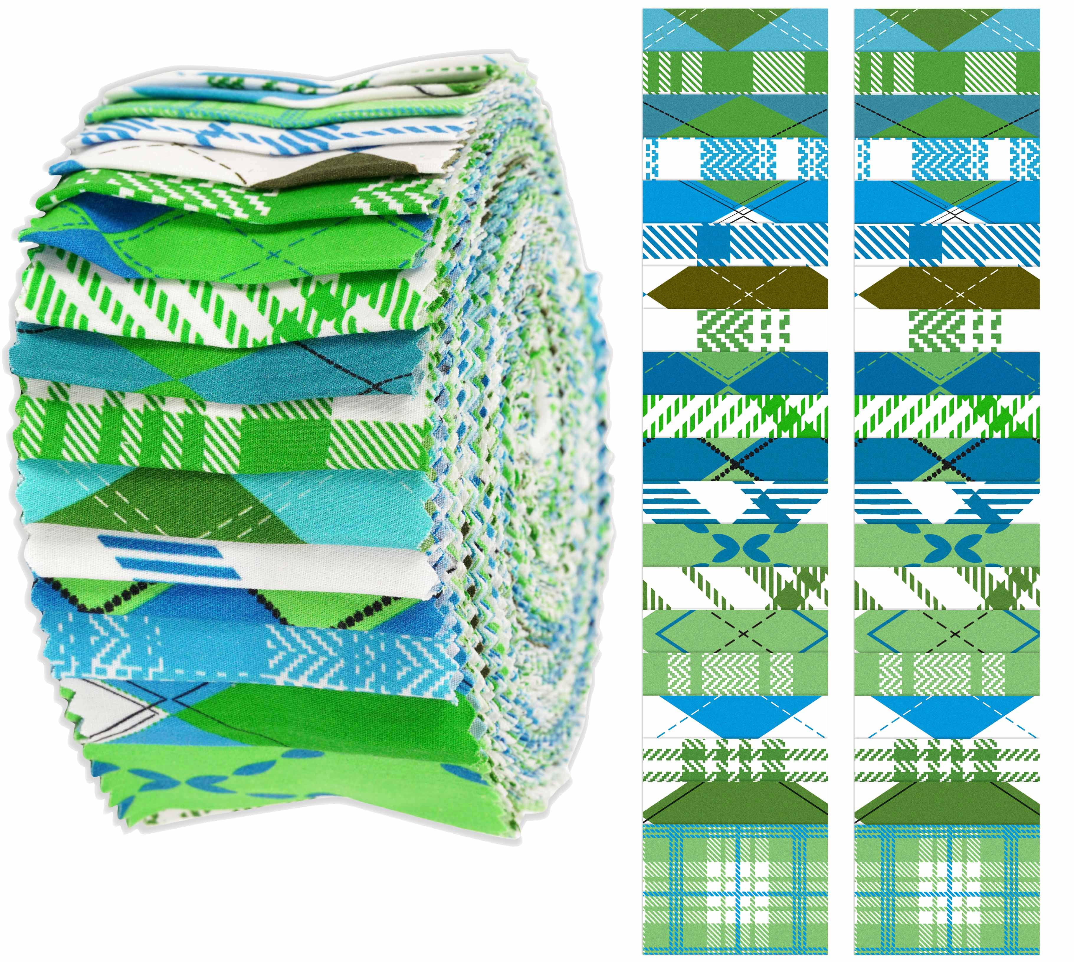 Soimoi 40Pcs Argyle Print Cotton Precut Fabrics For Quilting Craft Strips 2.5x42inches Jelly Roll - Blue & Green