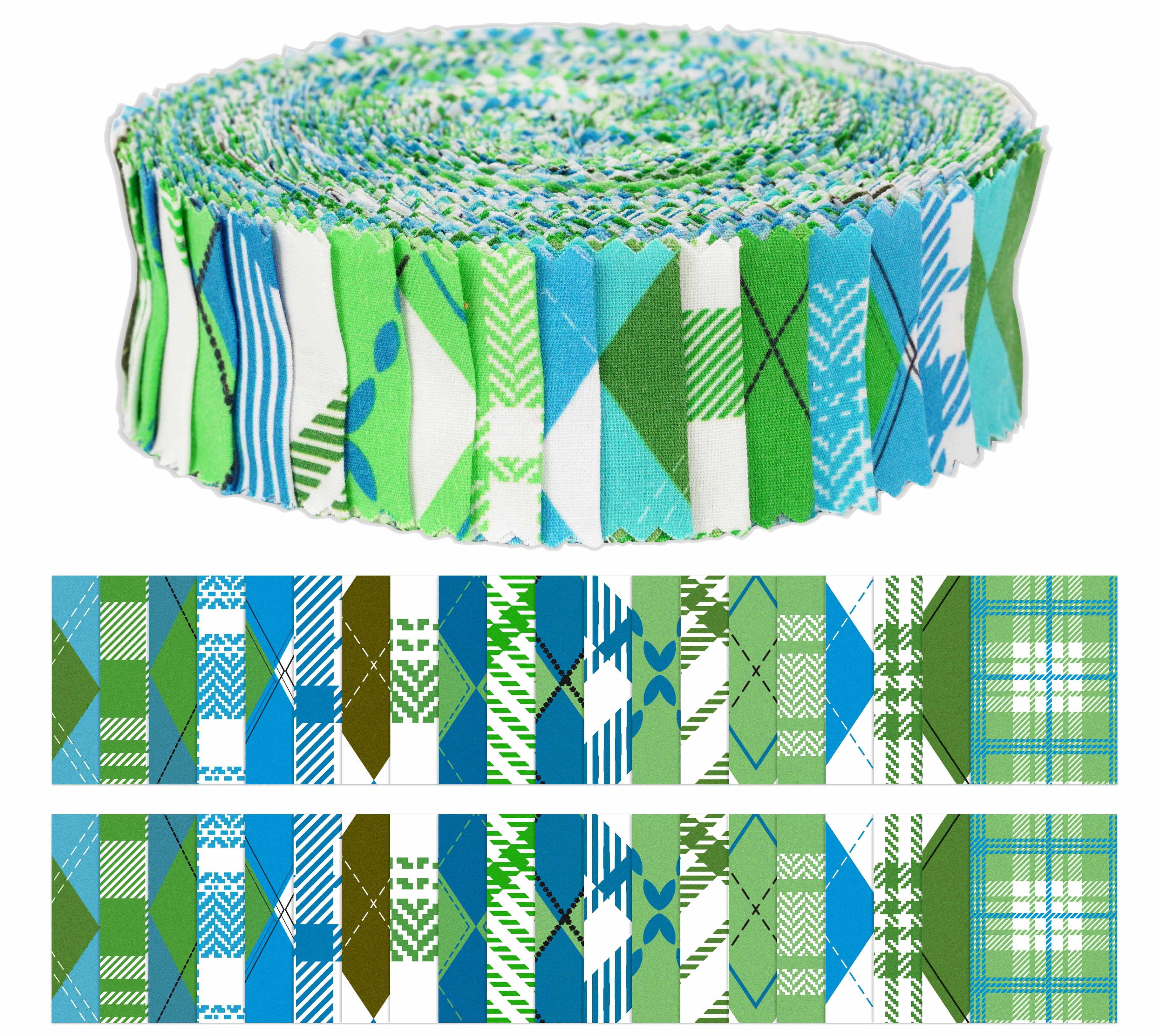 Soimoi 40Pcs Argyle Print Precut Fabrics Strips Roll Up 1.5x42inches Cotton Jelly Rolls For Quilting - Blue & Green