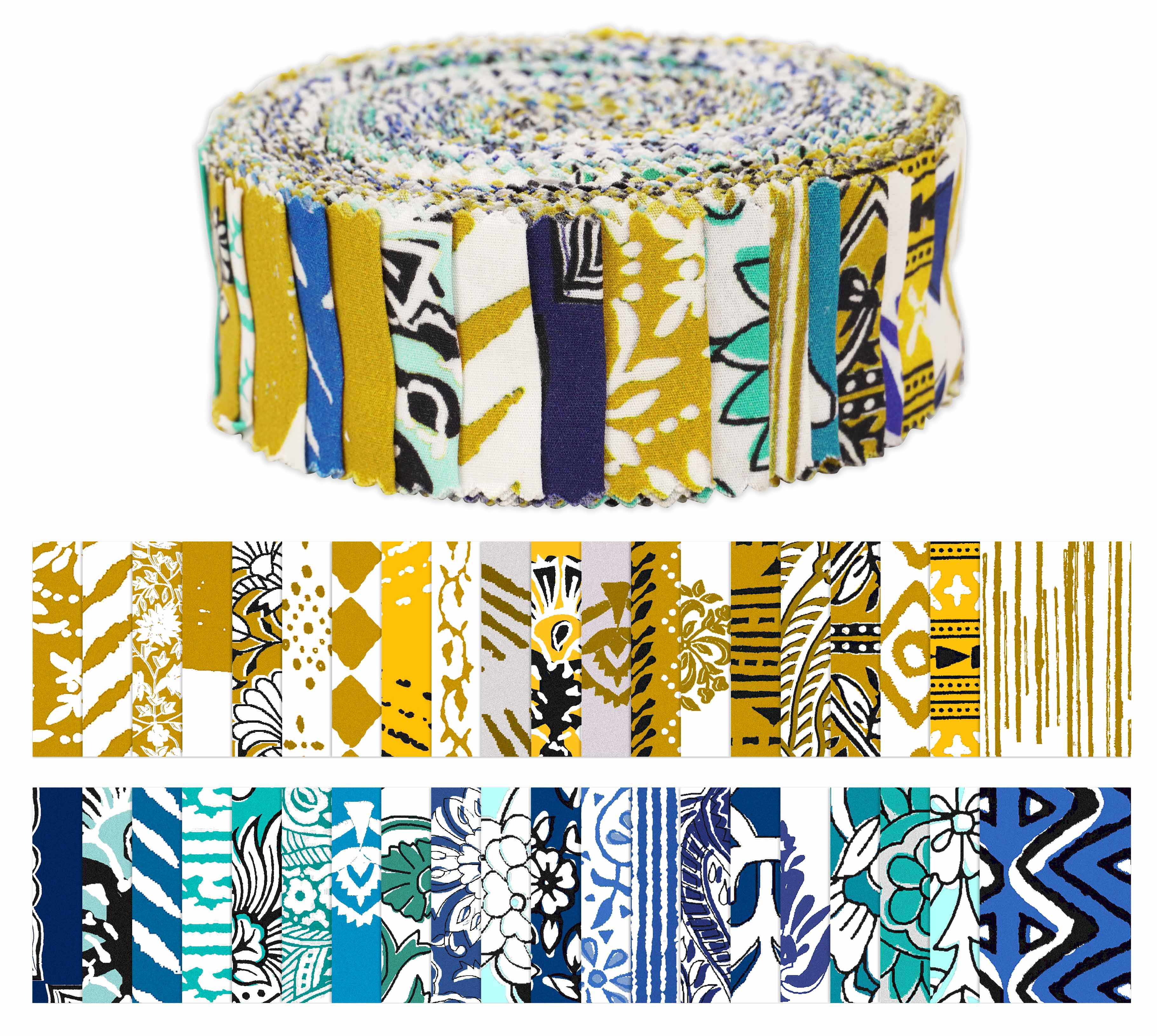 Soimoi 40Pcs Asian Block Print Precut Fabrics Strips Roll Up 1.5x42 inches Cotton Jelly Rolls For Quilting - Mustard, Blue, White