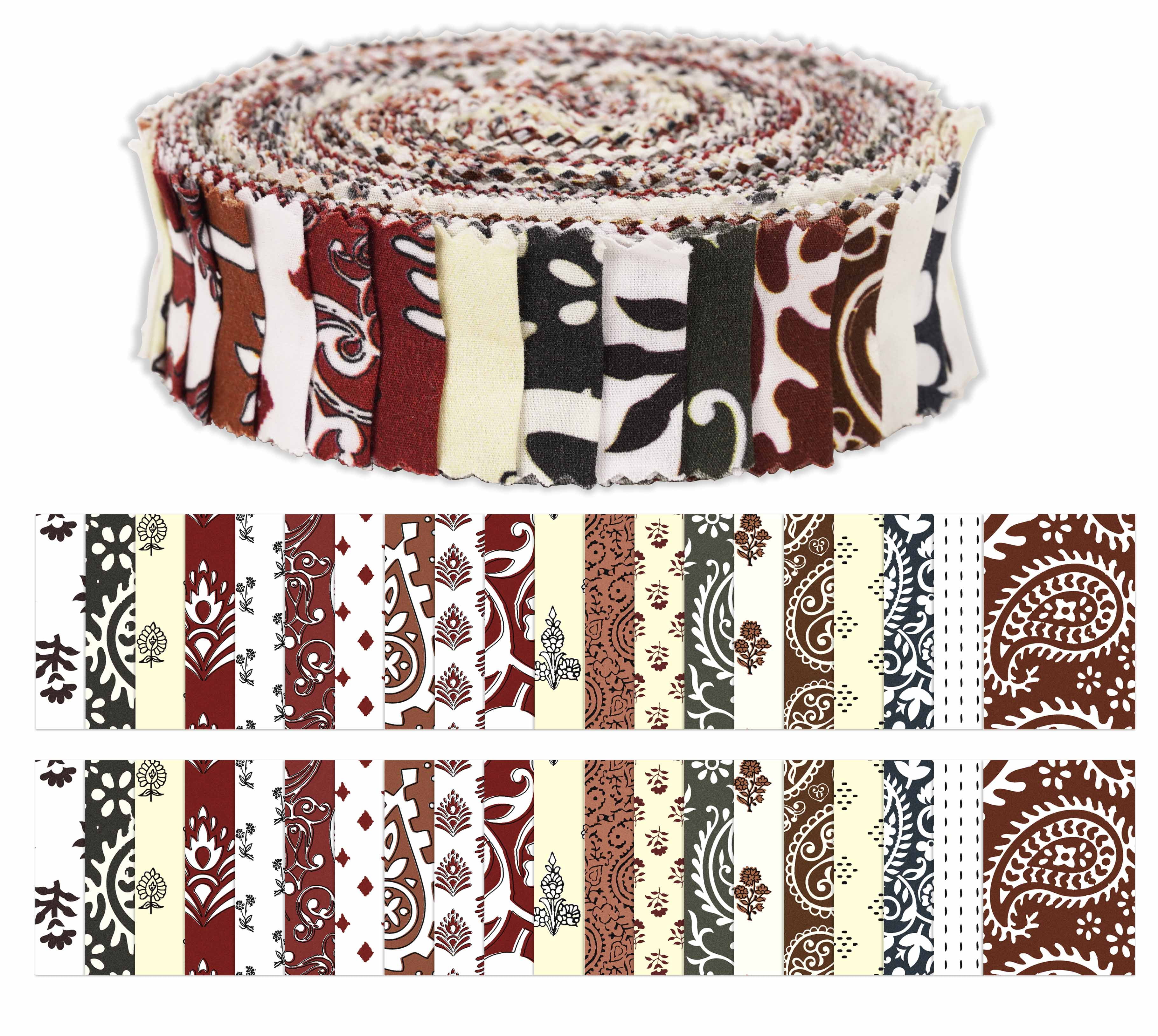 Soimoi 40Pcs Asian Block Print Precut Fabrics Strips Roll Up 1.5x42inches Cotton Jelly Rolls For Quilting - Maroon, White, Pale Yellow, Brown