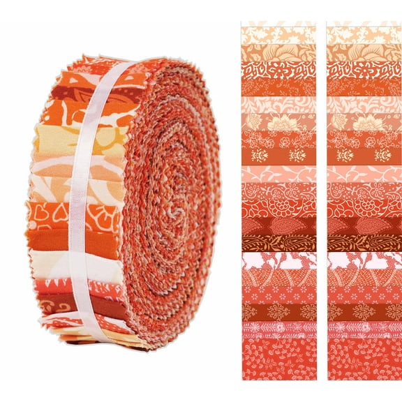 Soimoi 40Pcs Asian Block Print Precut Fabrics Strips Roll Up 1.5x42inches Cotton Jelly Rolls For Quilting - Peach & Orange