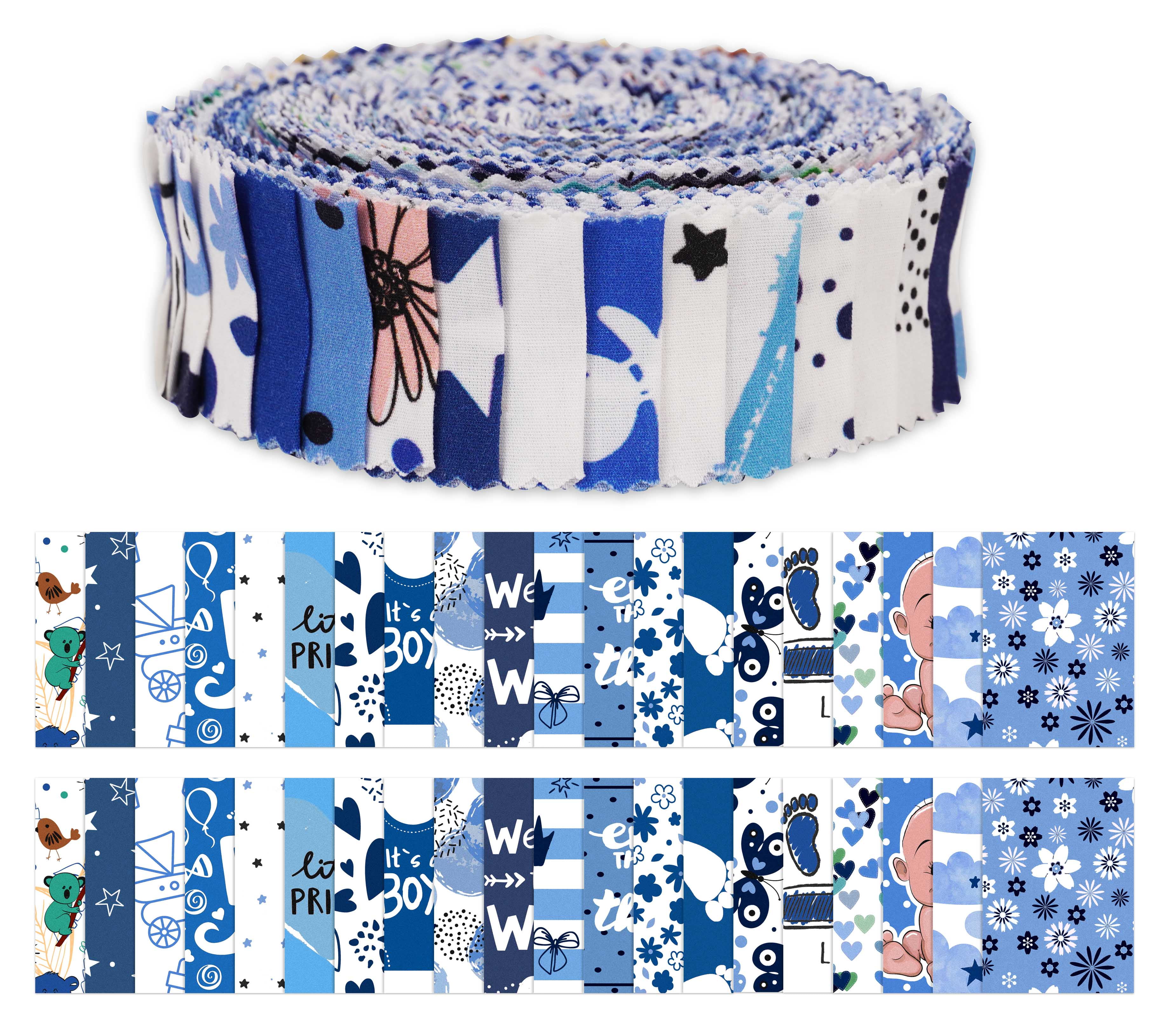 Soimoi 40Pcs Baby Boy Print Precut Fabrics Strips Roll Up 1.5x42inches Cotton Jelly Rolls For Quilting - Medium Blue