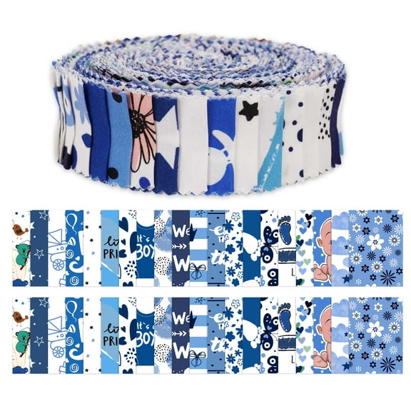 Soimoi 40Pcs Baby Boy Print Precut Fabrics Strips Roll Up 1.5x42inches Cotton Jelly Rolls For Quilting - Medium Blue