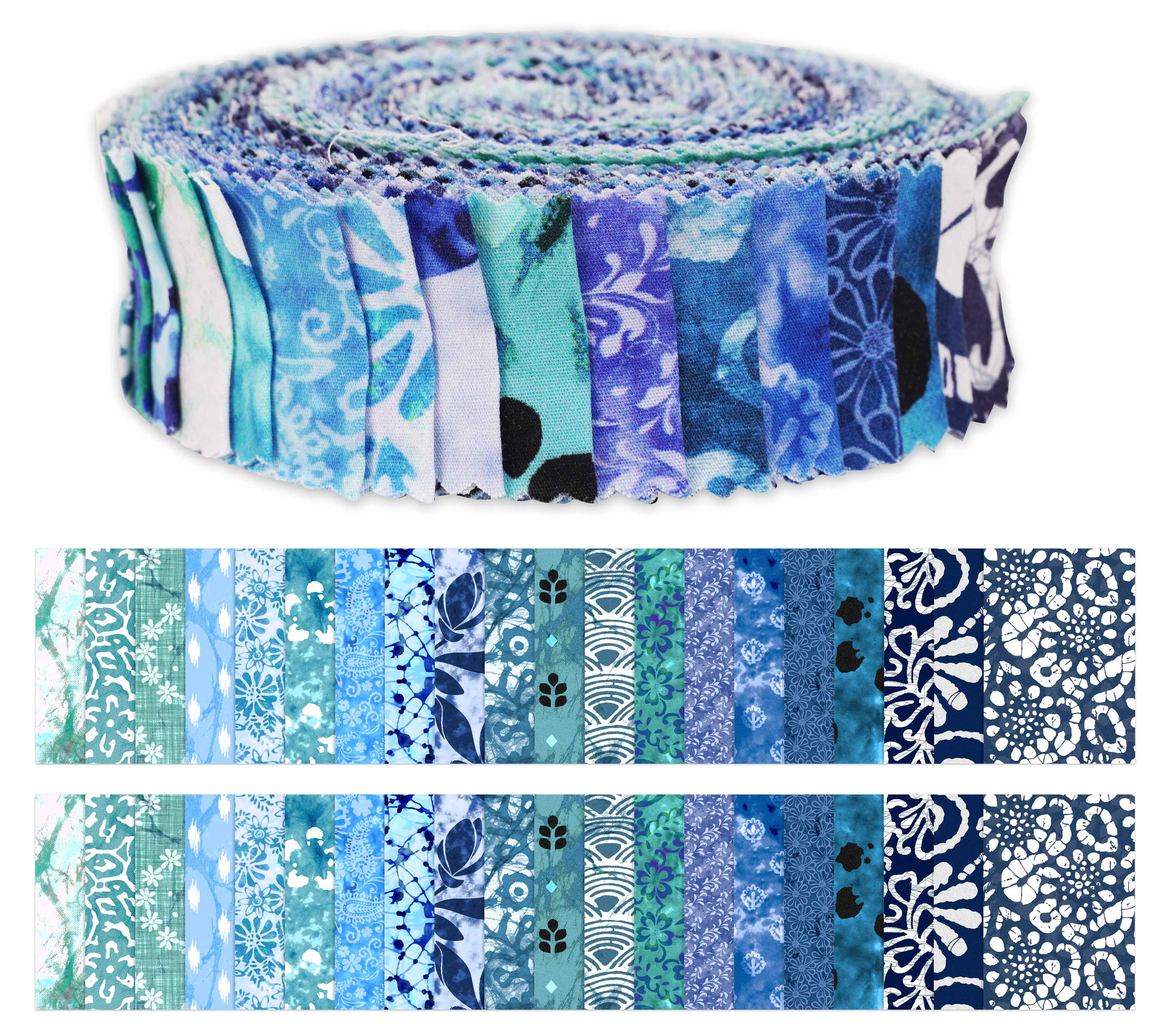 Soimoi 40Pcs Batik Print Precut Fabrics Strips Roll Up 1.5x42inches Cotton Jelly Rolls For Quilting - Sea Green & Blues