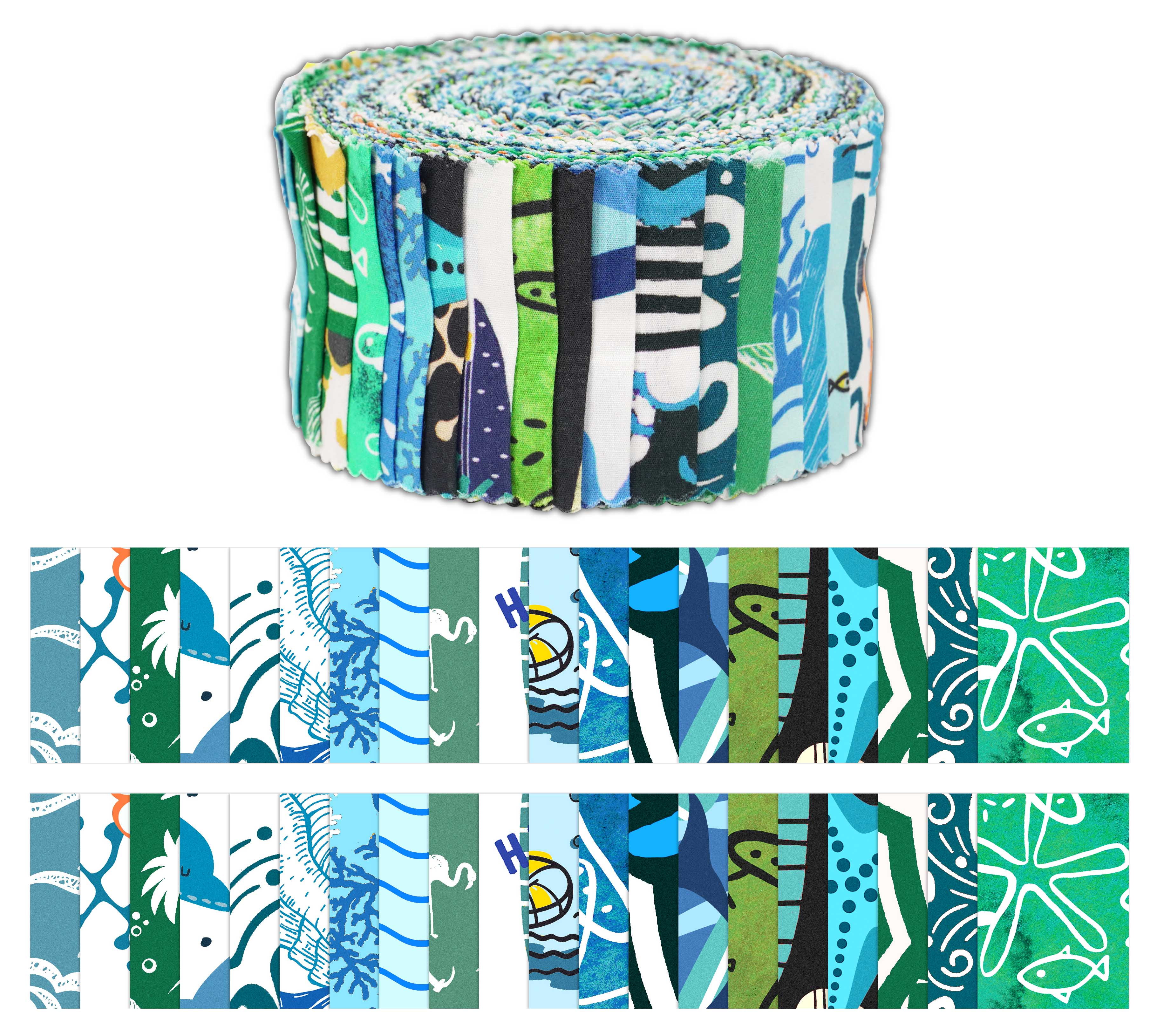 Soimoi 40Pcs Beach Print Cotton Precut Fabrics For Quilting Craft Strips 2.5x42 inches Jelly Roll - Blue & Green