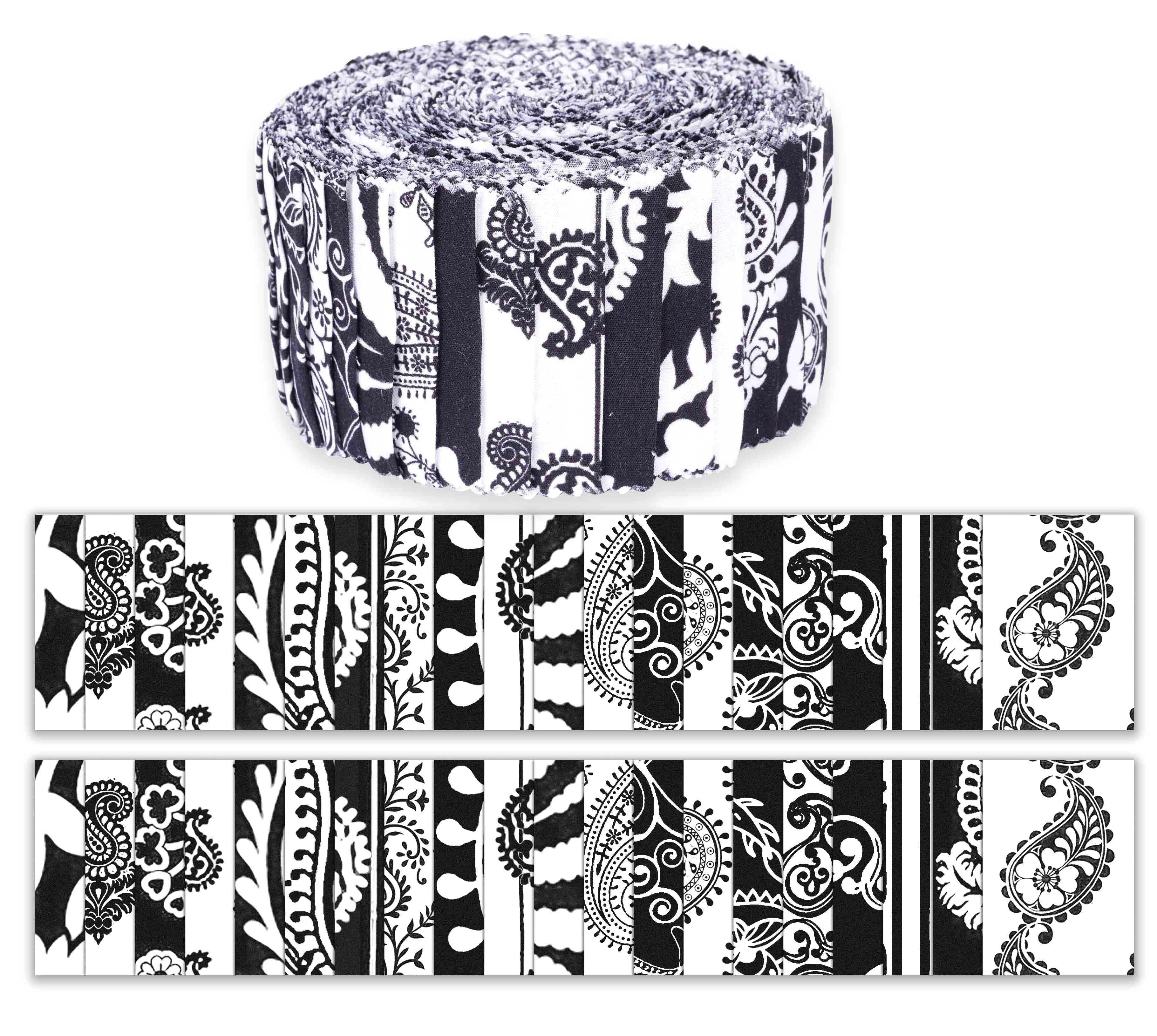 Soimoi 40Pcs Block & Paisley Print Cotton Precut Fabrics For Quilting Craft Strips 2.5 inches Jelly Roll - White & Black