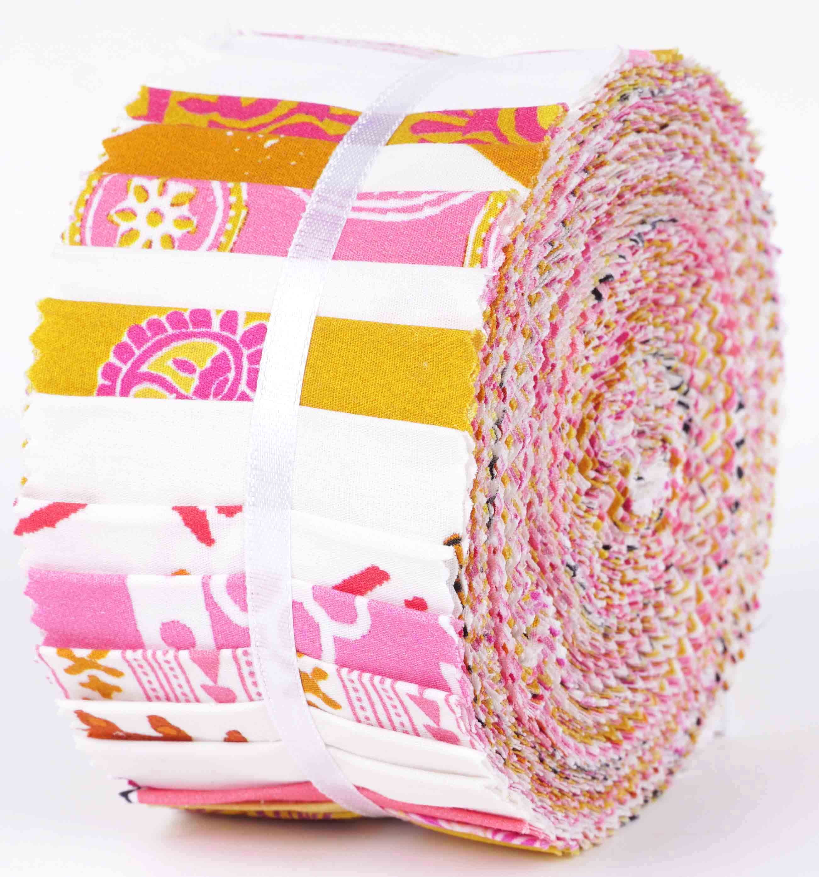 Soimoi 40Pcs Block Print Cotton Precut Fabrics For Quilting Craft Strips 2.5x42inches Jelly Roll - Light Pink