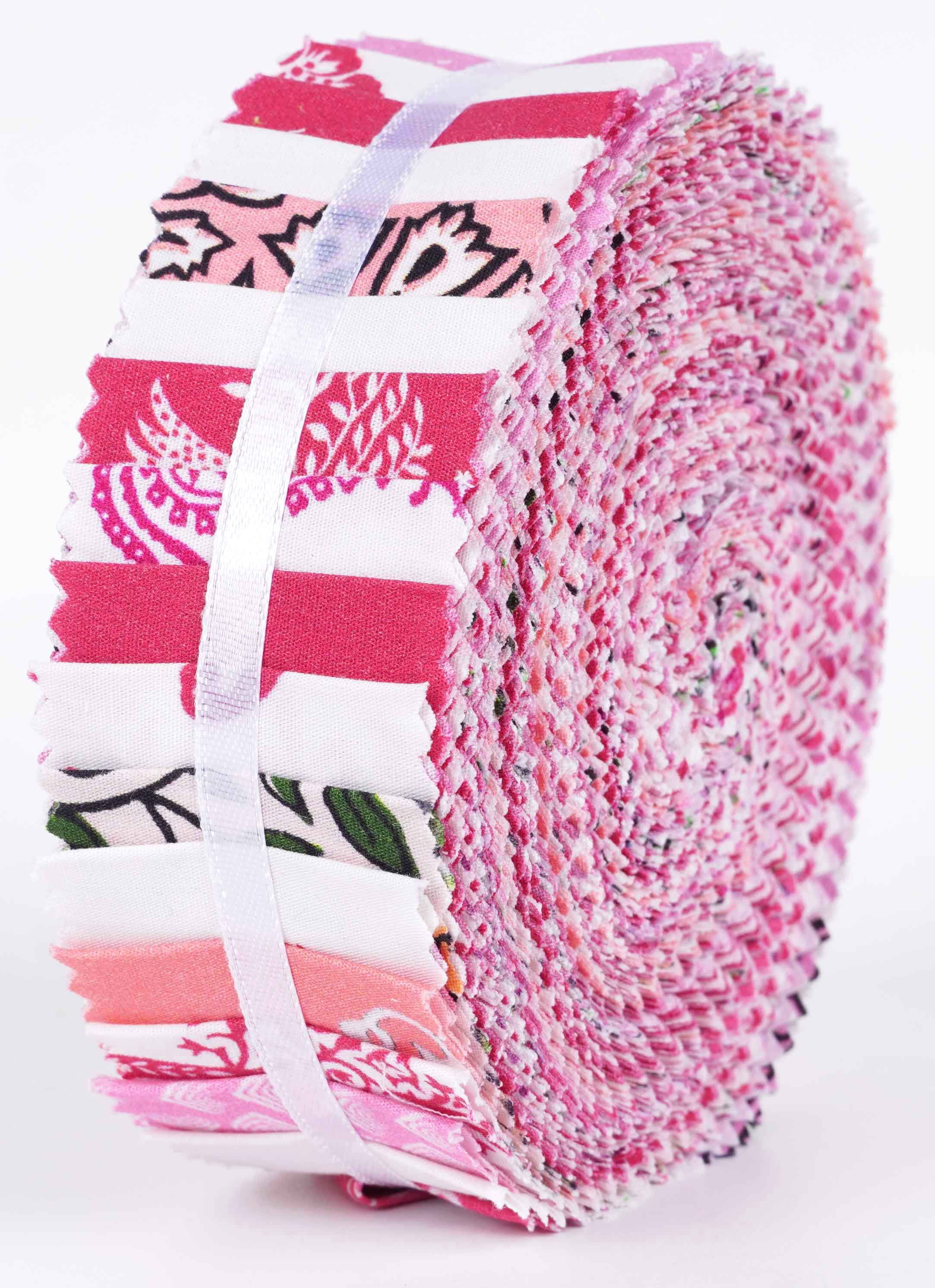 Soimoi 40Pcs Block Print Precut Fabrics Strips Roll Up 1.5x42inches Cotton Jelly Rolls For Quilting - Rose Pink