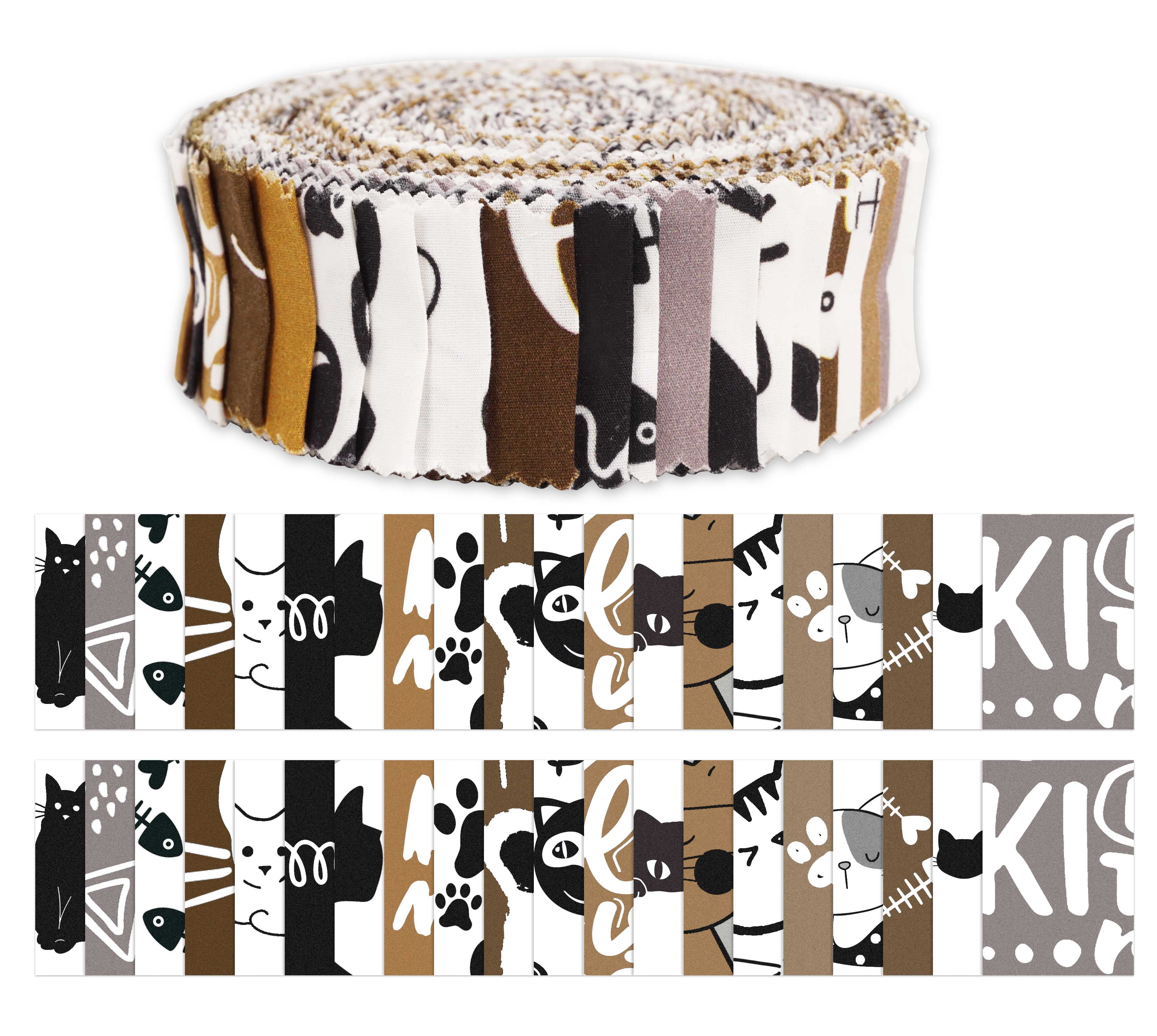 Soimoi 40Pcs Cat Print Precut Fabrics Strips Roll Up 1.5x42inches Cotton Jelly Rolls For Quilting - Brown