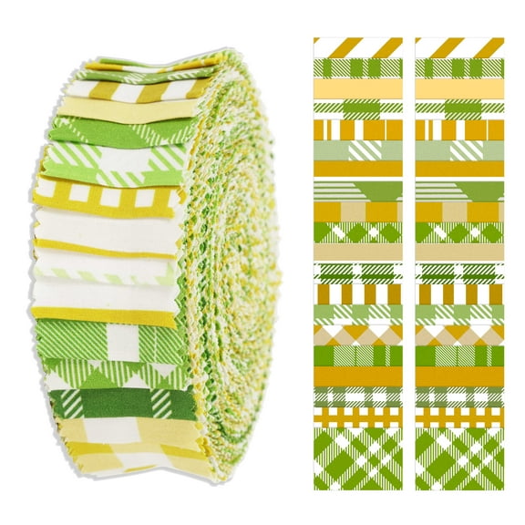 Soimoi 40Pcs Check Print Precut Fabrics Strips Roll Up 1.5x42inches Cotton Jelly Rolls For Quilting - Light Green & Mustard Yellow