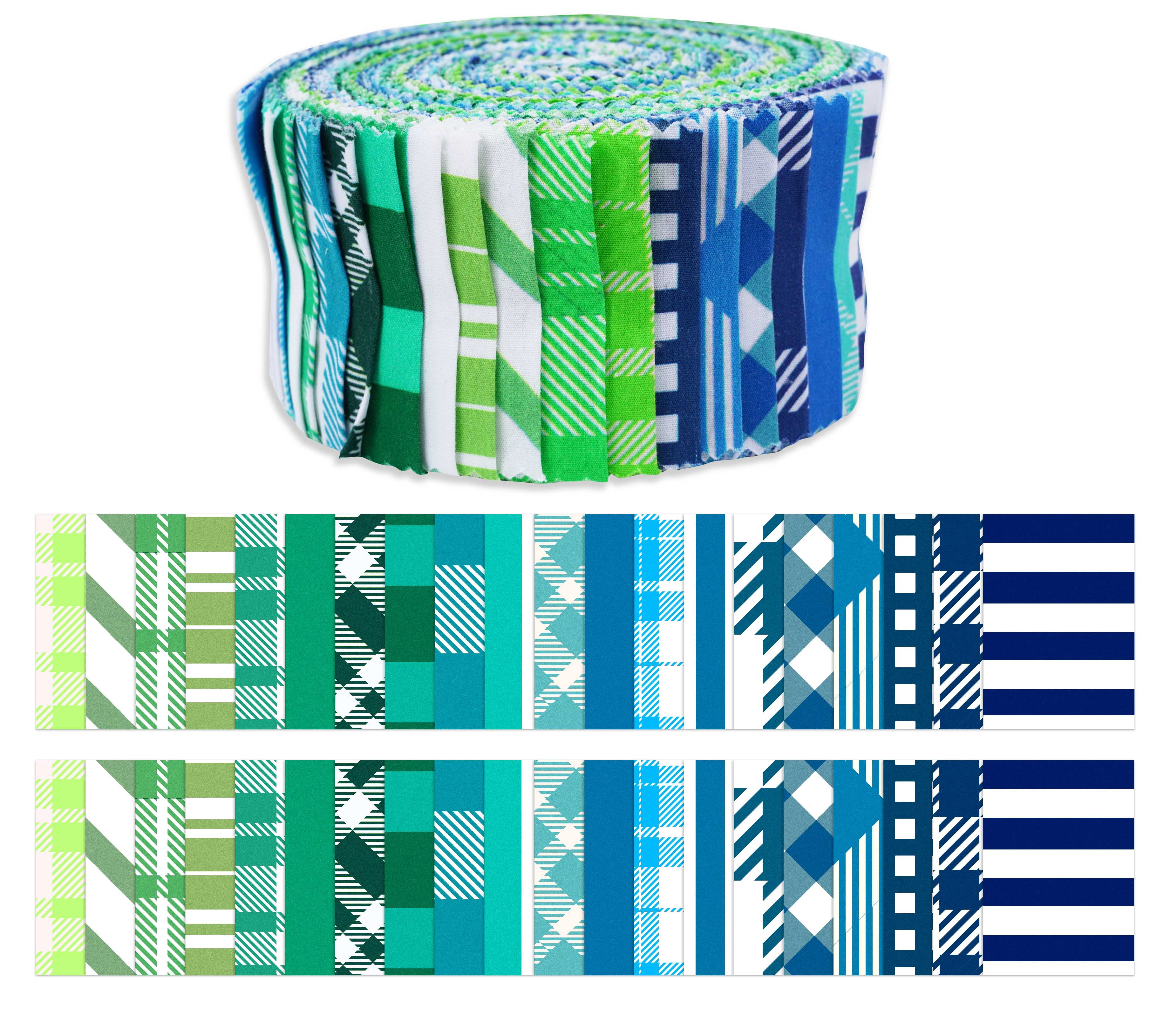 Soimoi 40Pcs Check & Tartan Print Cotton Precut Fabrics For Quilting Craft Strips 2.5x42inches Jelly Roll - Blues & Greens