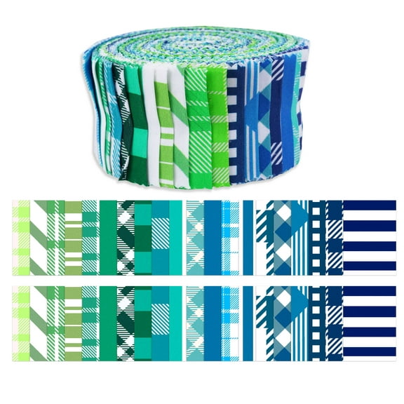 Soimoi 40Pcs Check & Tartan Print Cotton Precut Fabrics For Quilting Craft Strips 2.5x42inches Jelly Roll - Blues & Greens