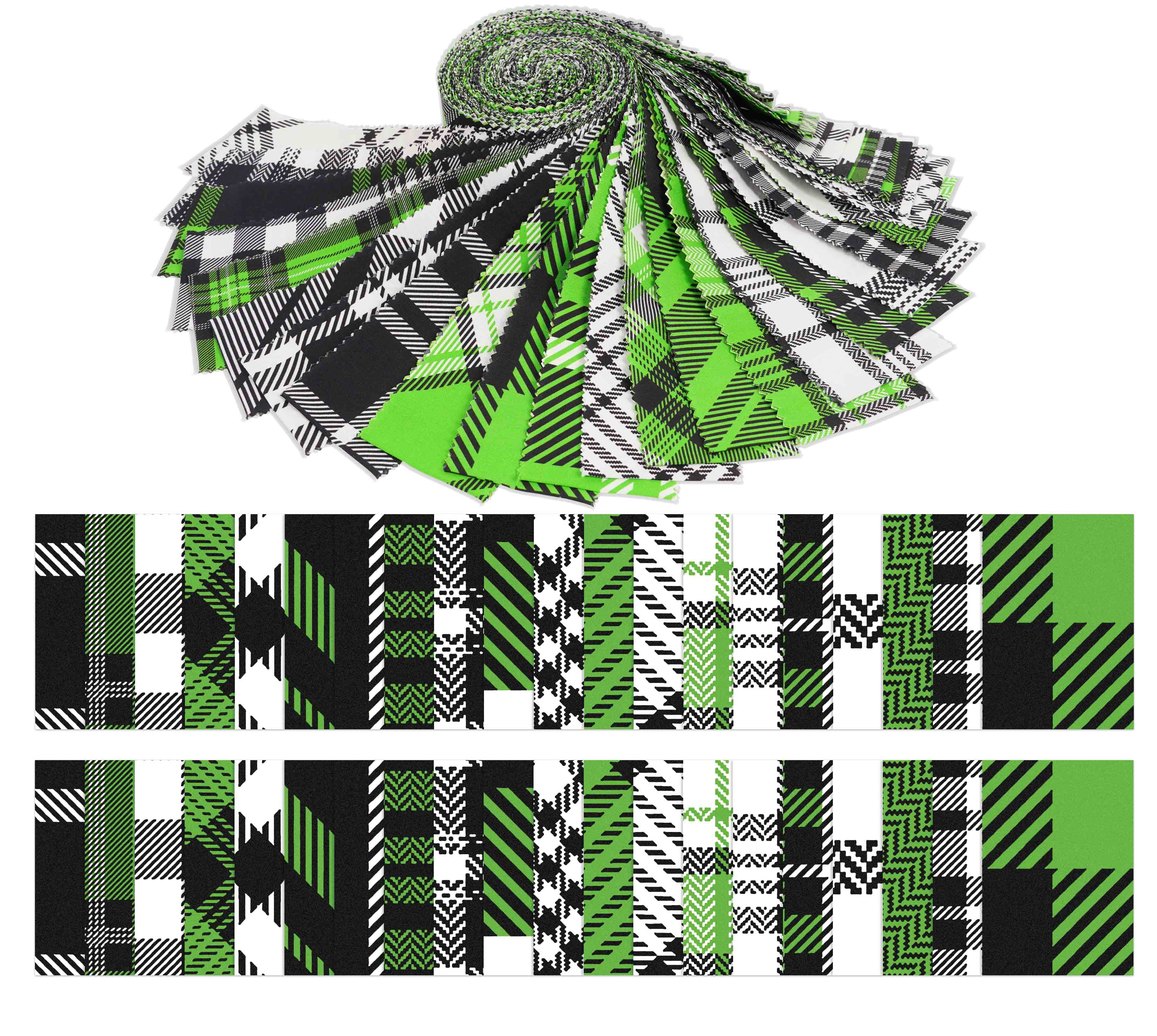 Soimoi 40Pcs Check & Tartan Print Cotton Precut Fabrics For Quilting Craft Strips 2.5x42inches Jelly Roll - Green & Black
