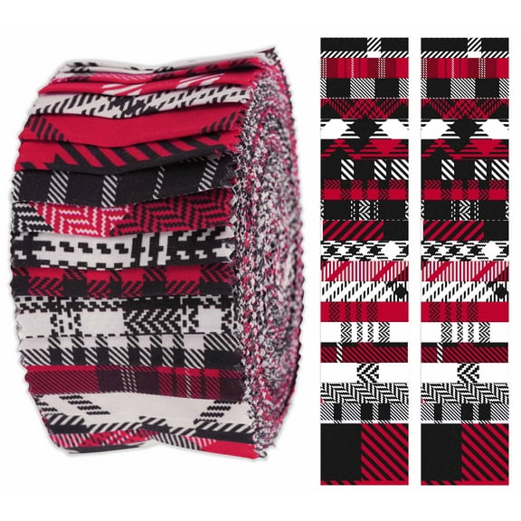 Soimoi 40Pcs Check & Tartan Print Cotton Precut Fabrics For Quilting Craft Strips 2.5x42inches Jelly Roll - Magenta & Black