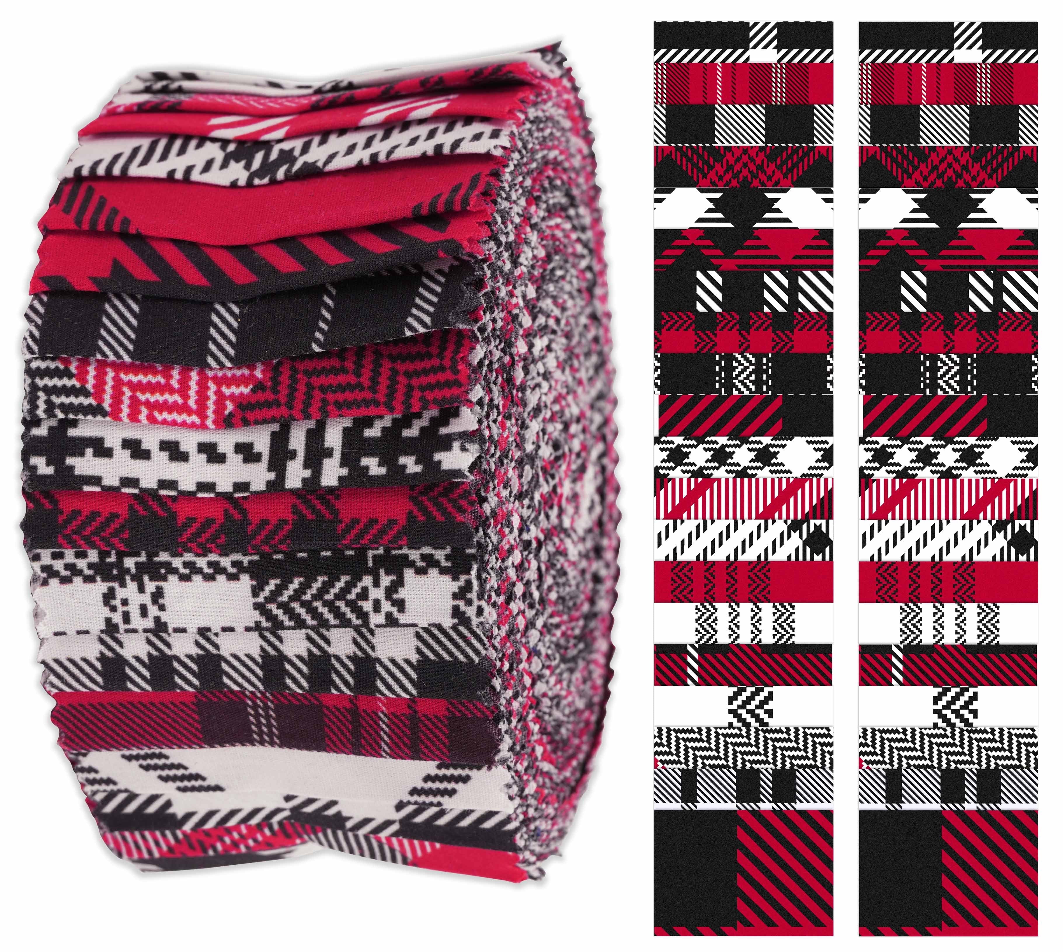 Soimoi 40Pcs Check & Tartan Print Cotton Precut Fabrics For Quilting Craft Strips 2.5x42inches Jelly Roll - Magenta & Black