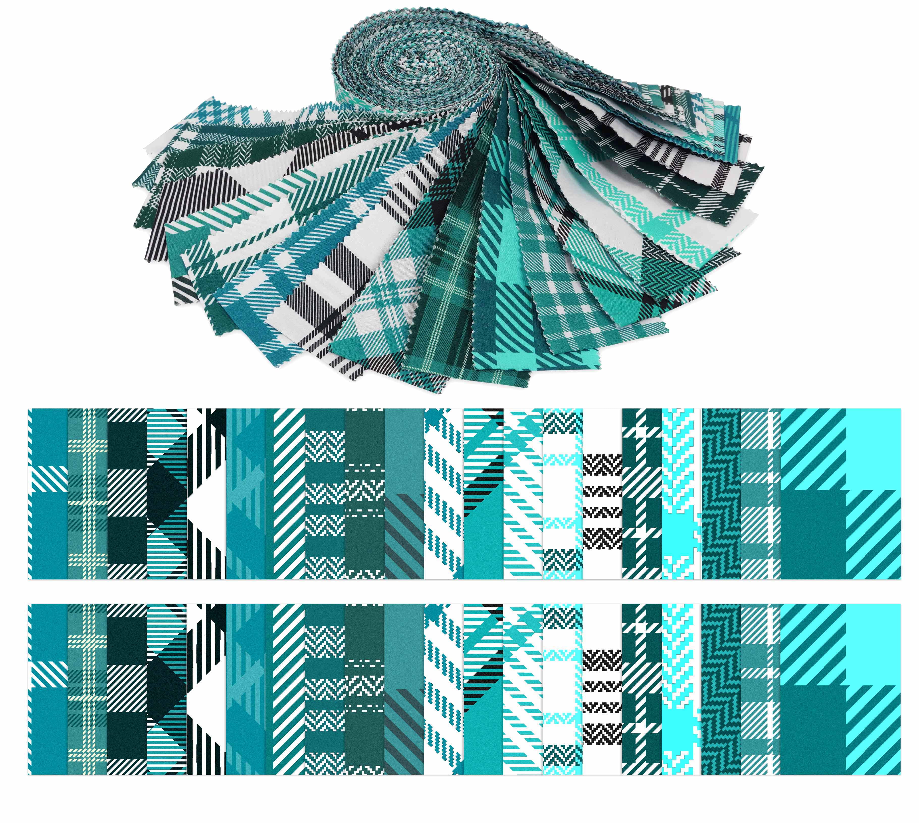 Soimoi 40Pcs Check & Tartan Print Cotton Precut Fabrics For Quilting Craft Strips 2.5x42inches Jelly Roll - Teal Blue