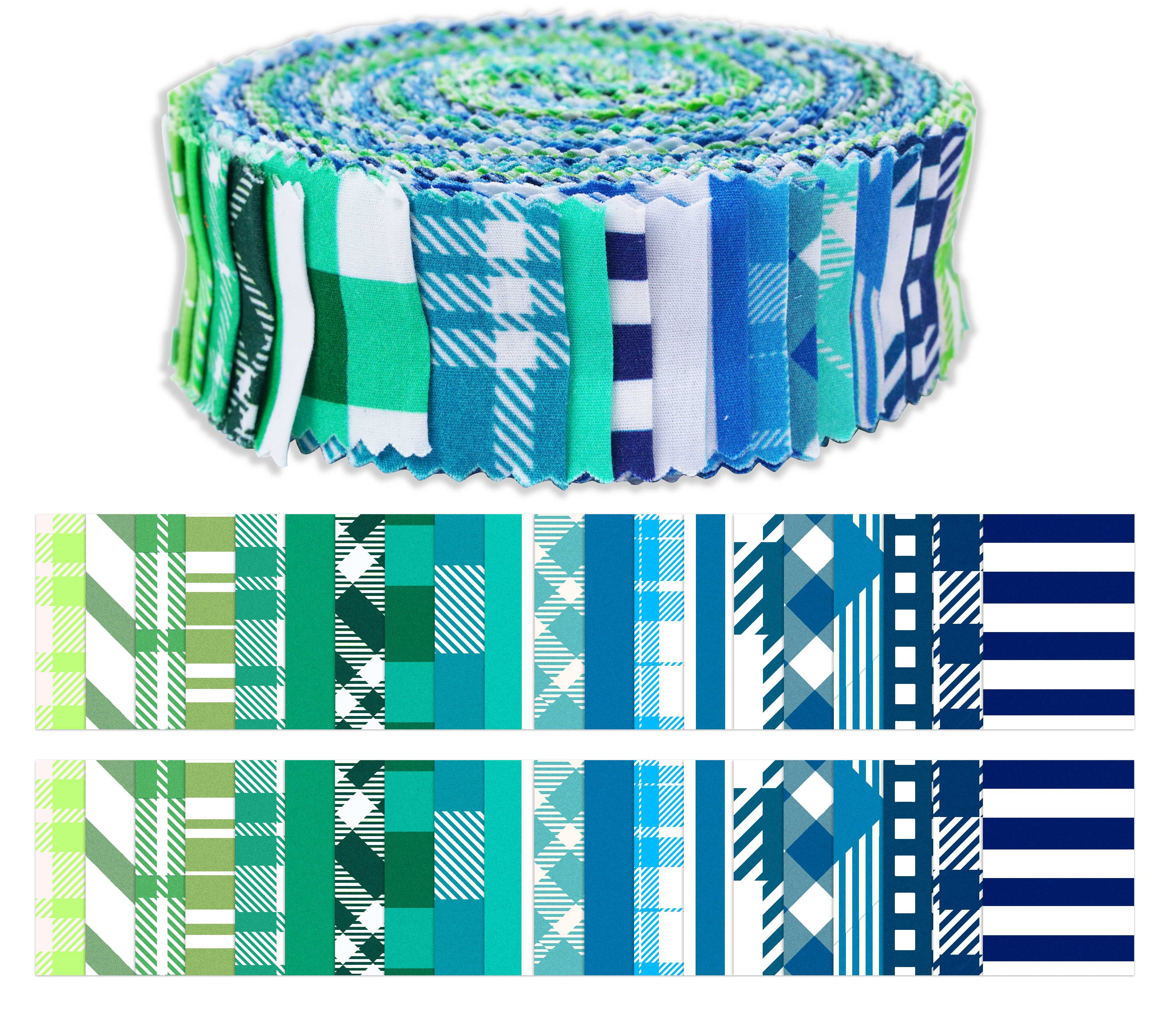 Soimoi 40Pcs Check & Tartan Print Precut Fabrics Strips Roll Up 1.5x42inches Cotton Jelly Rolls For Quilting - Blues & Greens