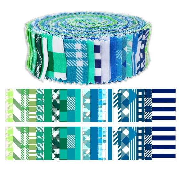 Soimoi 40Pcs Check & Tartan Print Precut Fabrics Strips Roll Up 1.5x42inches Cotton Jelly Rolls For Quilting - Blues & Greens