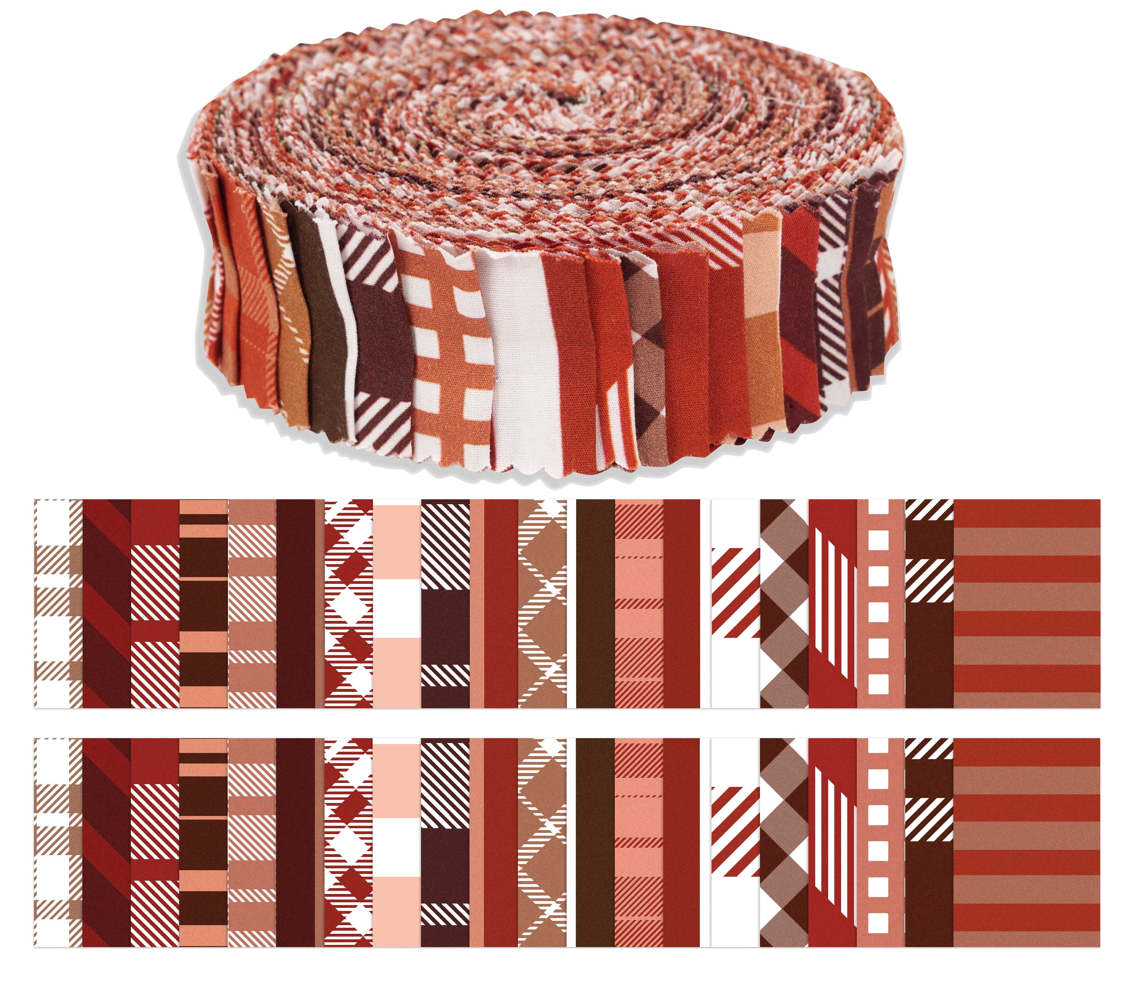 Soimoi 40Pcs Check & Tartan Print Precut Fabrics Strips Roll Up 1.5x42inches Cotton Jelly Rolls For Quilting - Dark Brown, Maroon & White