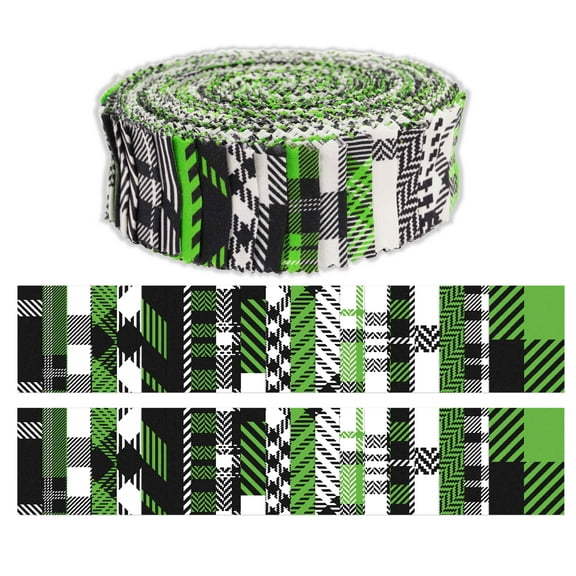 Soimoi 40Pcs Check & Tartan Print Precut Fabrics Strips Roll Up 1.5x42inches Cotton Jelly Rolls For Quilting - Green & Black