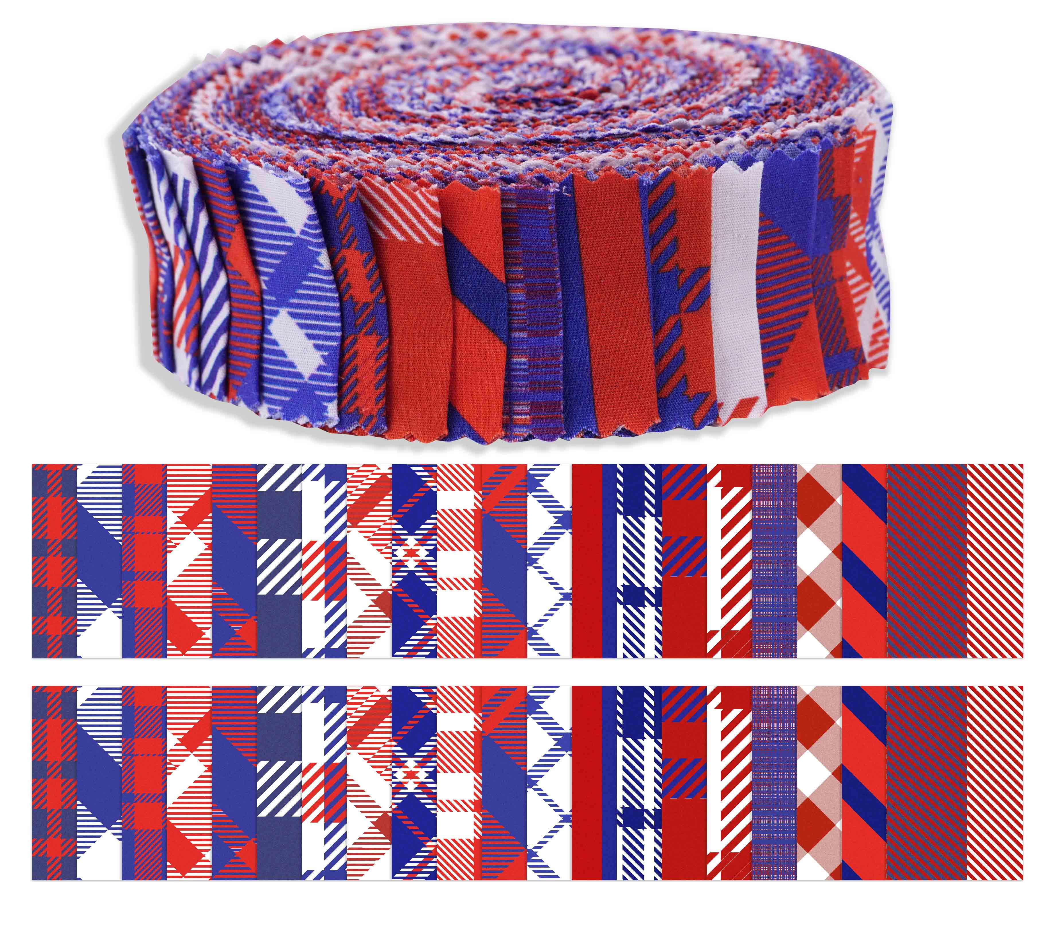 Soimoi 40Pcs Check & Tartan Print Precut Fabrics Strips Roll Up 1.5x42inches Cotton Jelly Rolls For Quilting - Red, Blue & White
