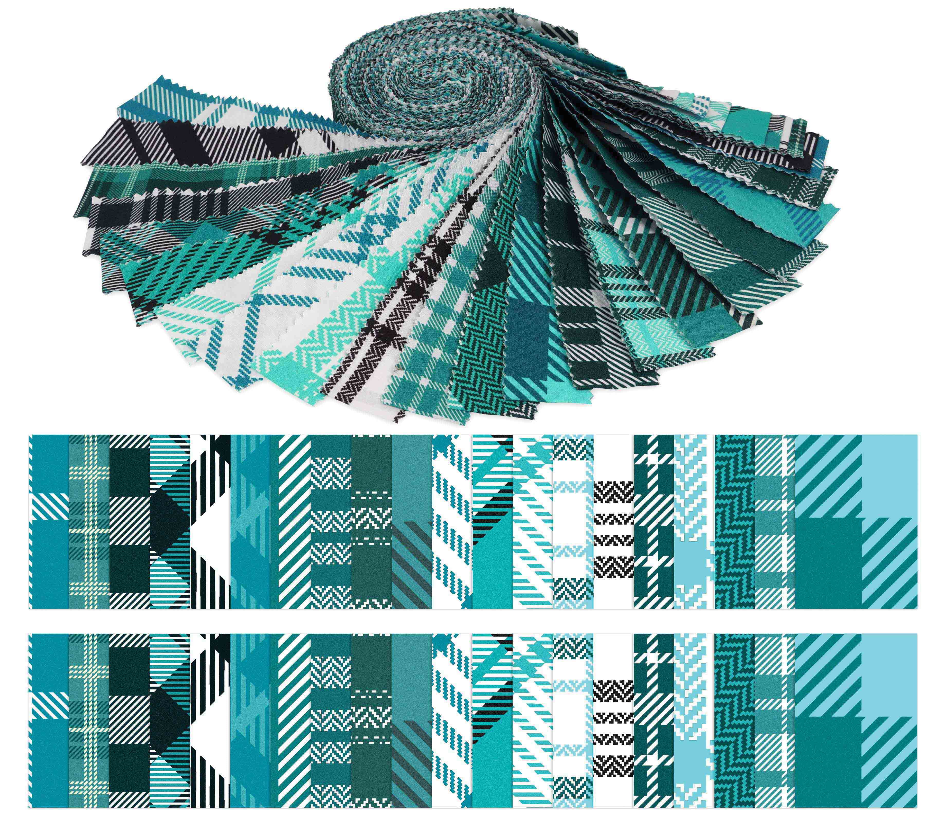 Soimoi 40Pcs Check & Tartan Print Precut Fabrics Strips Roll Up 1.5x42inches Cotton Jelly Rolls For Quilting - Teal Blue