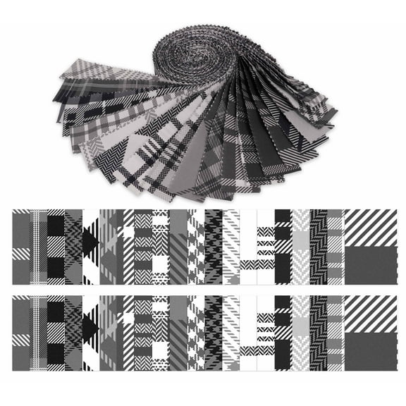 Soimoi 40Pcs Check & Tartan Print Precut Fabrics Strips Roll Up 1.5x42inches Cotton Jelly Rolls For Quilting - White & Black