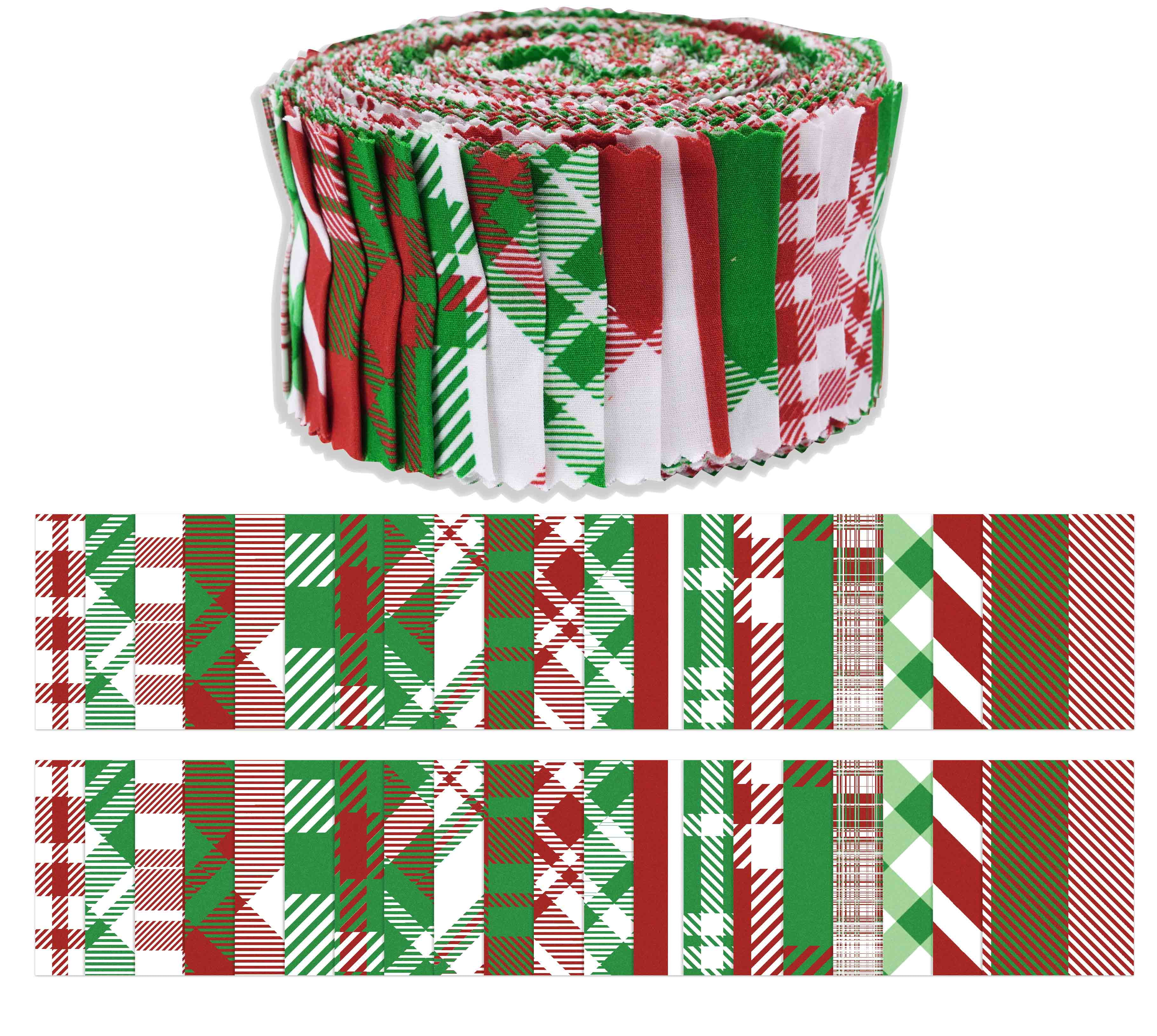 Soimoi 40Pcs Christmas Checks Print Cotton Precut Fabrics For Quilting Craft Strips 2.5x42inches Jelly Roll - Red & Green