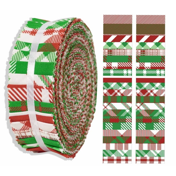 Soimoi 40Pcs Christmas Checks Print Precut Fabrics Strips Roll Up 1.5x42inches Cotton Jelly Rolls For Quilting - Red & Green