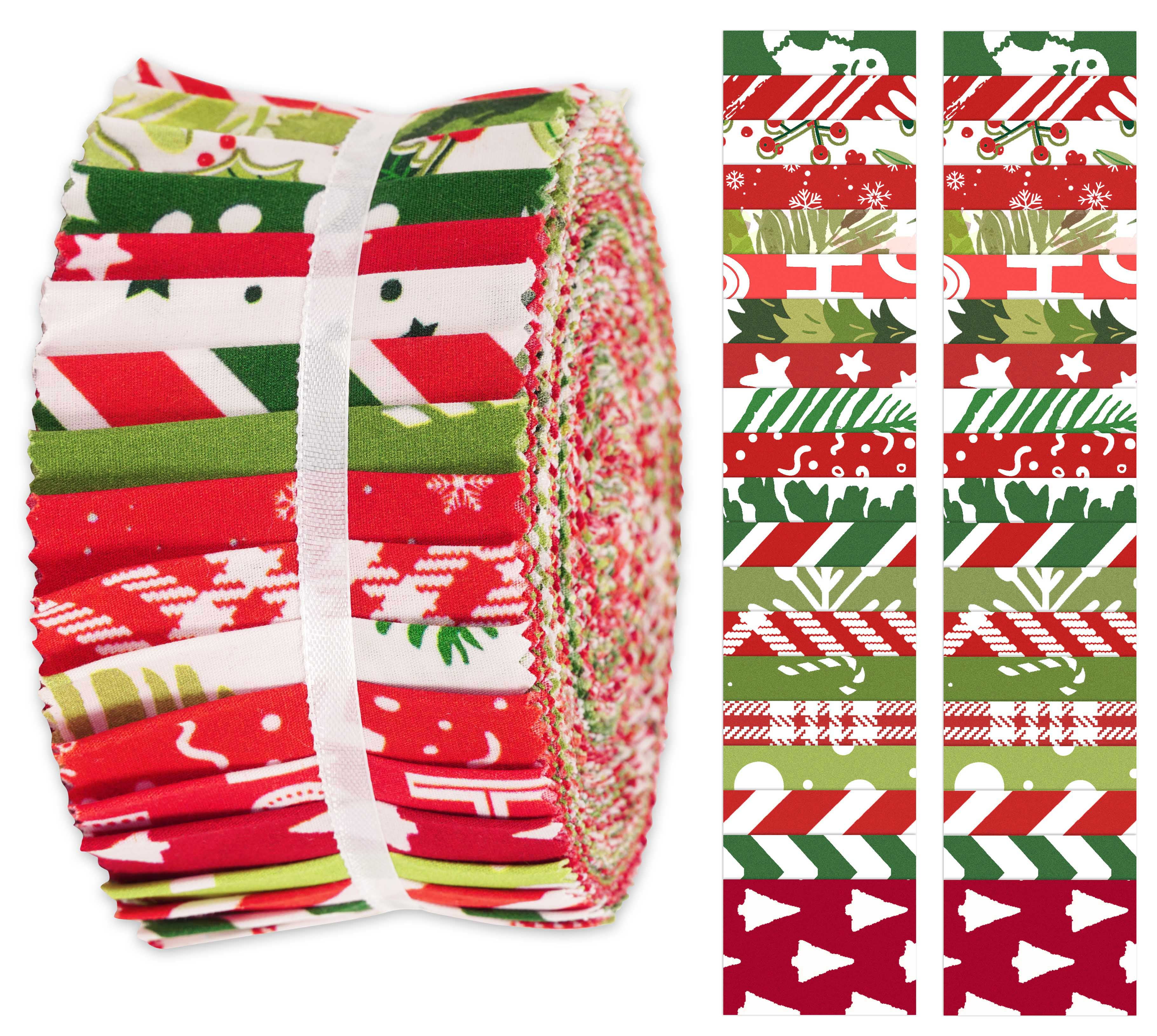 Soimoi 40Pcs Christmas Print Cotton Precut Fabrics For Quilting Craft Strips 2.5x42inches Jelly Roll - Red & Green