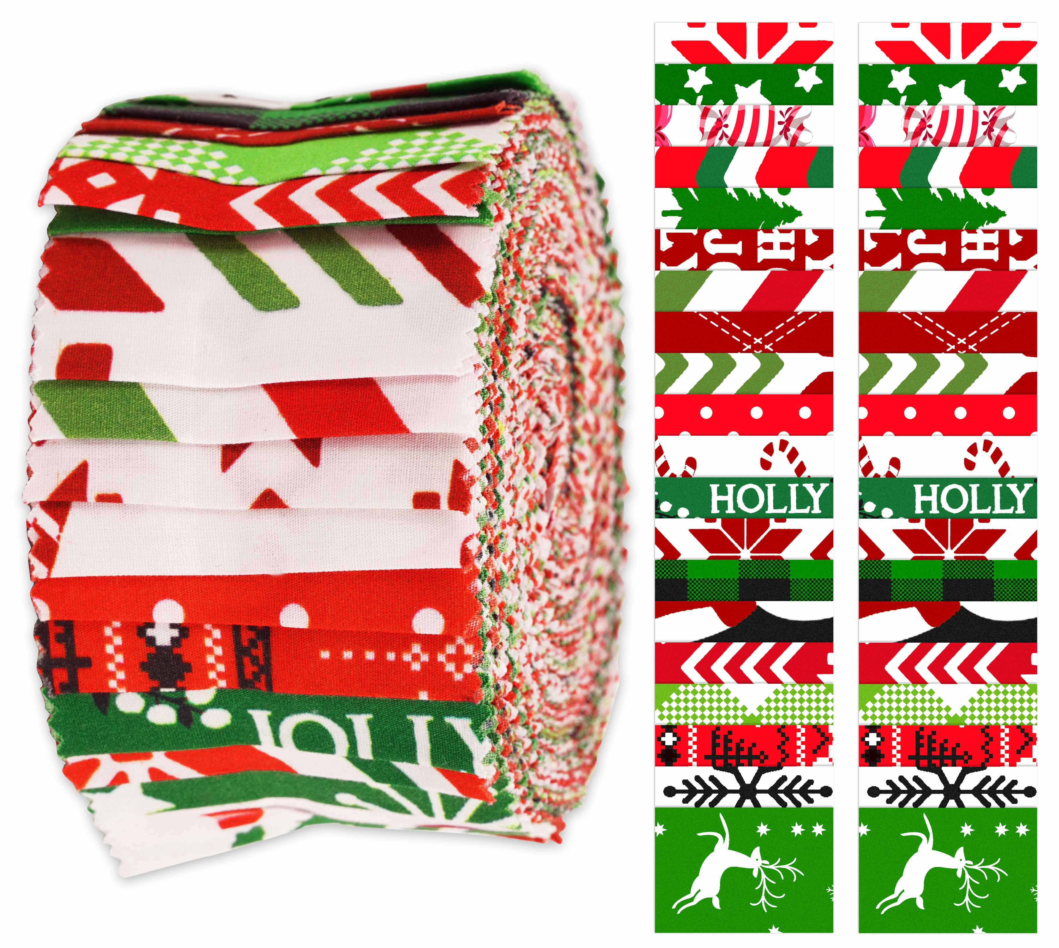 Soimoi 40Pcs Christmas Print Cotton Precut Fabrics For Quilting Craft Strips 2.5x42inches Jelly Roll - Red & Green