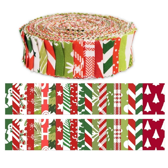 Soimoi 40Pcs Christmas Print Precut Fabrics Strips Roll Up 1.5x42inches Cotton Jelly Rolls For Quilting - Red & Green