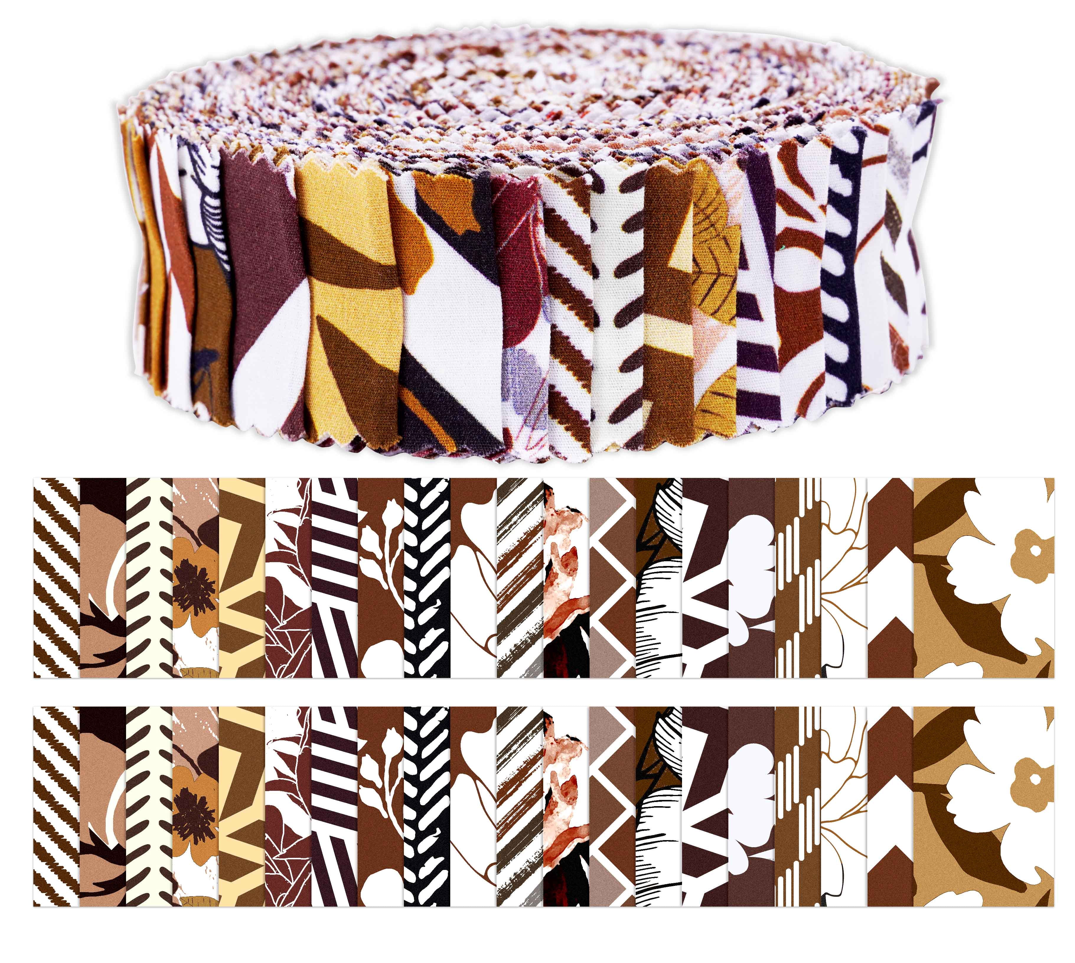 Soimoi 40Pcs Floral Print Precut Fabrics Strips Roll Up 1.5x42inches Cotton Jelly Rolls For Quilting - Brown