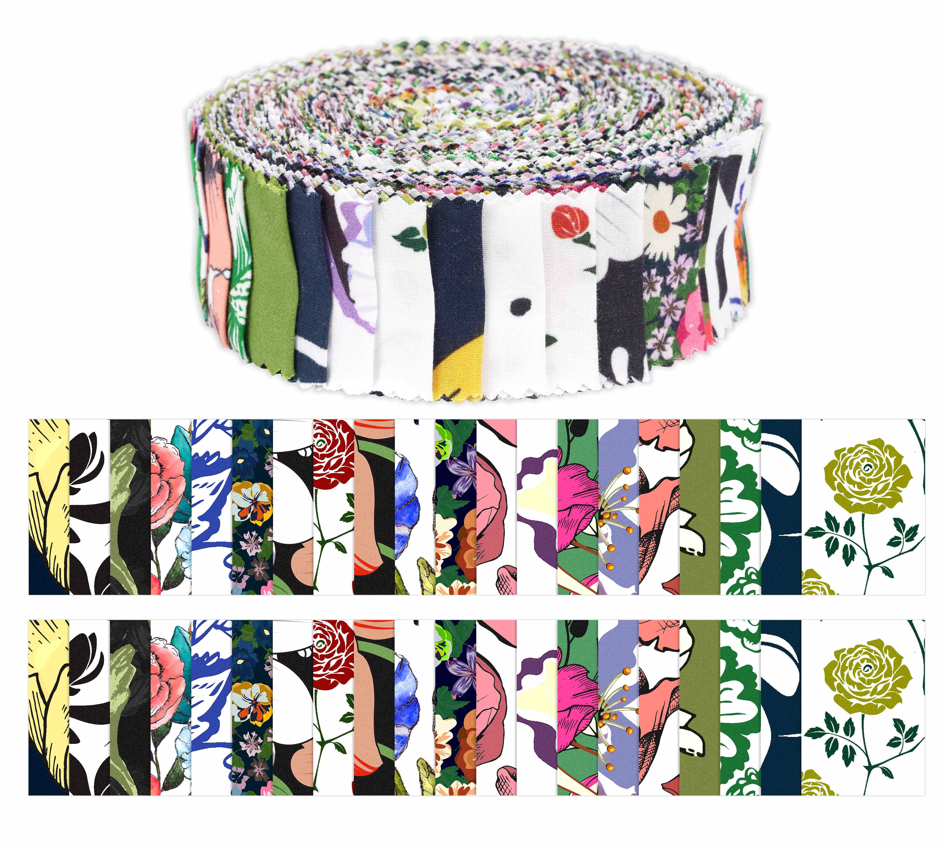 Soimoi 40Pcs Floral Print Precut Fabrics Strips Roll Up 1.5x42inches Cotton Jelly Rolls For Quilting - Multicolor