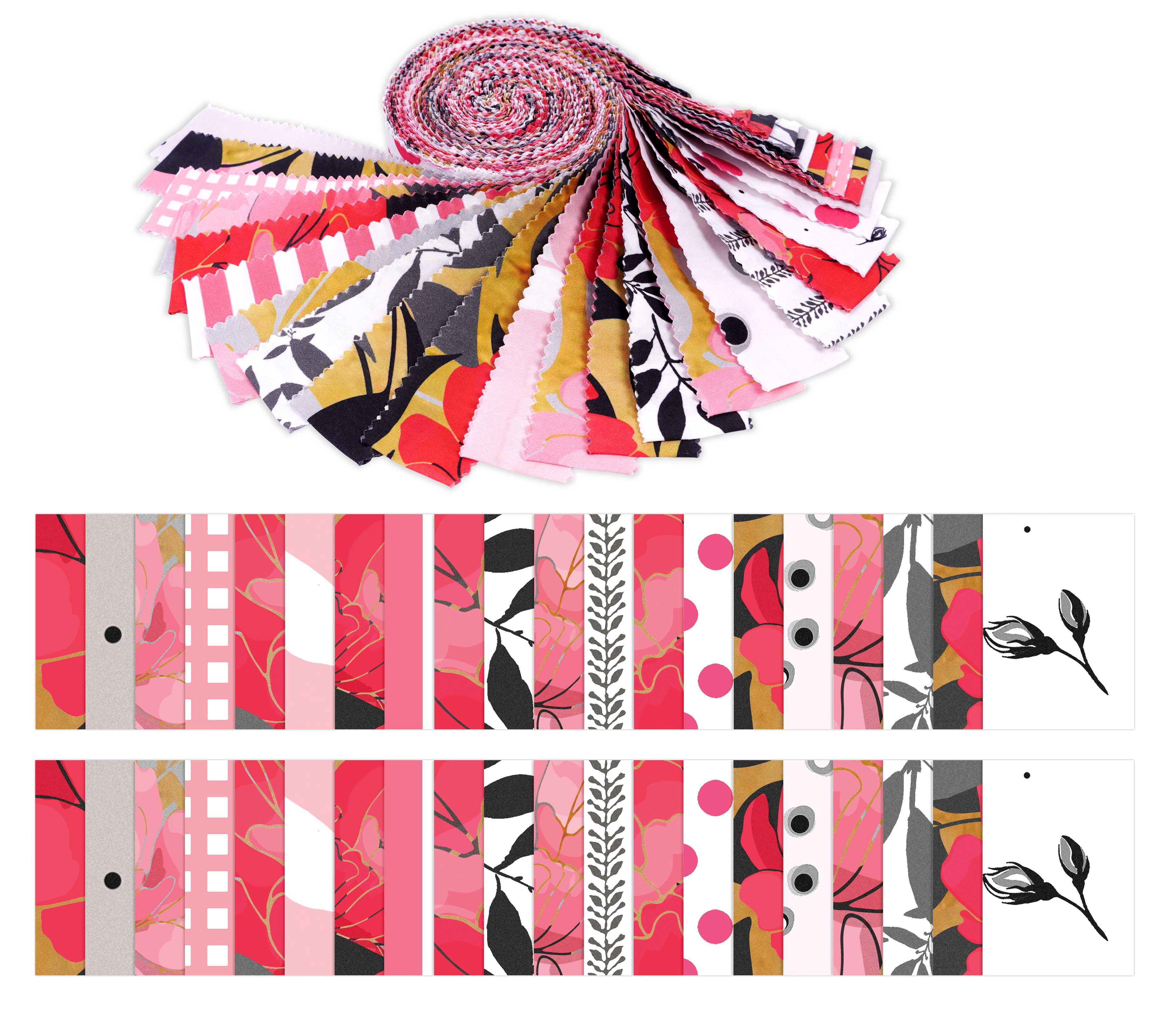 Soimoi 40Pcs Floral Print Precut Fabrics Strips Roll Up 1.5x42inches Cotton Jelly Rolls For Quilting - Pink White & Black