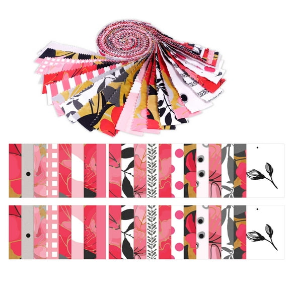 Soimoi 40Pcs Floral Print Precut Fabrics Strips Roll Up 1.5x42inches Cotton Jelly Rolls For Quilting - Pink White & Black