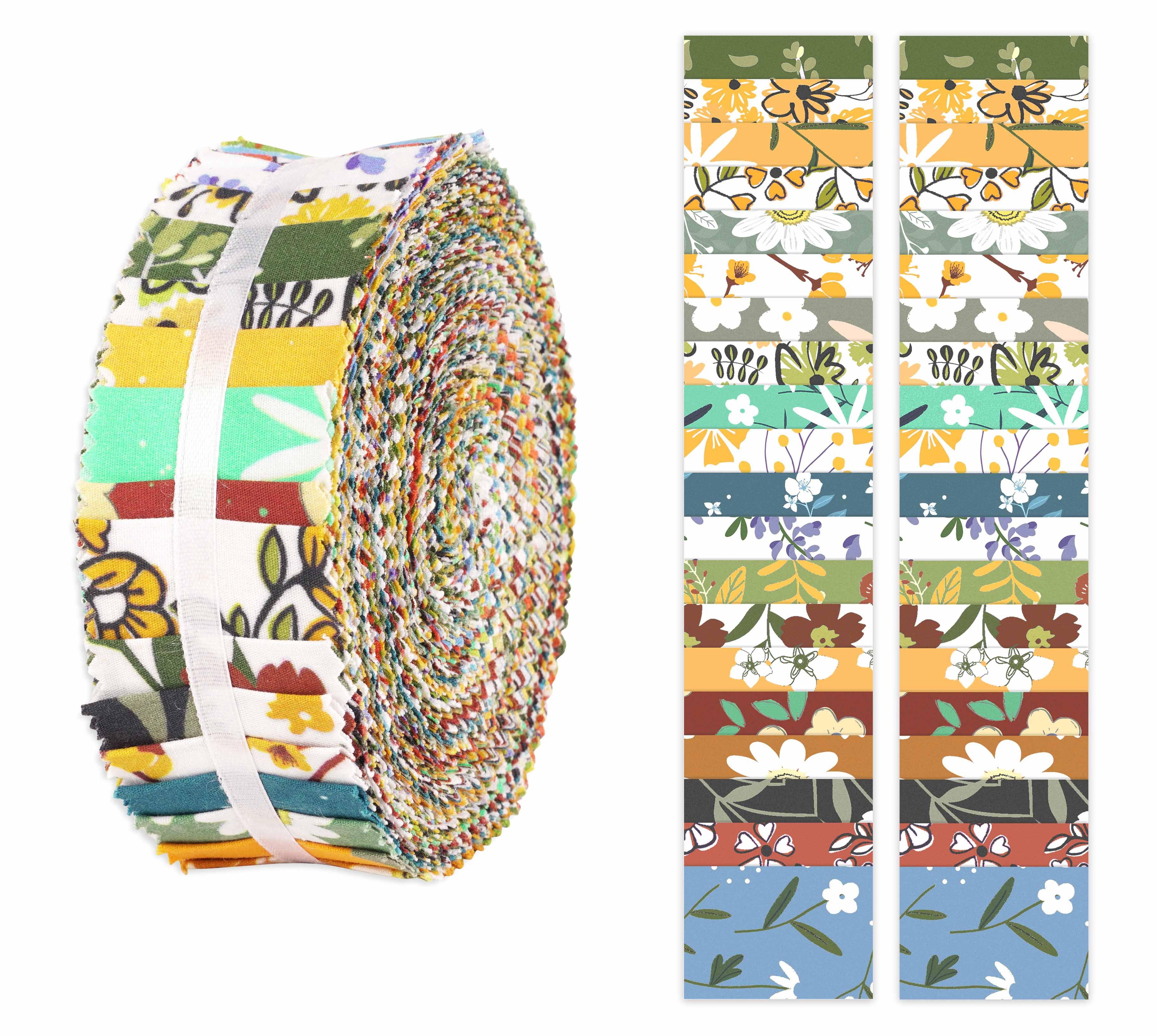 Soimoi 40Pcs Florals Print Precut Fabrics Strips Roll Up 1.5 inches Cotton Jelly Rolls For Quilting - Multicolor