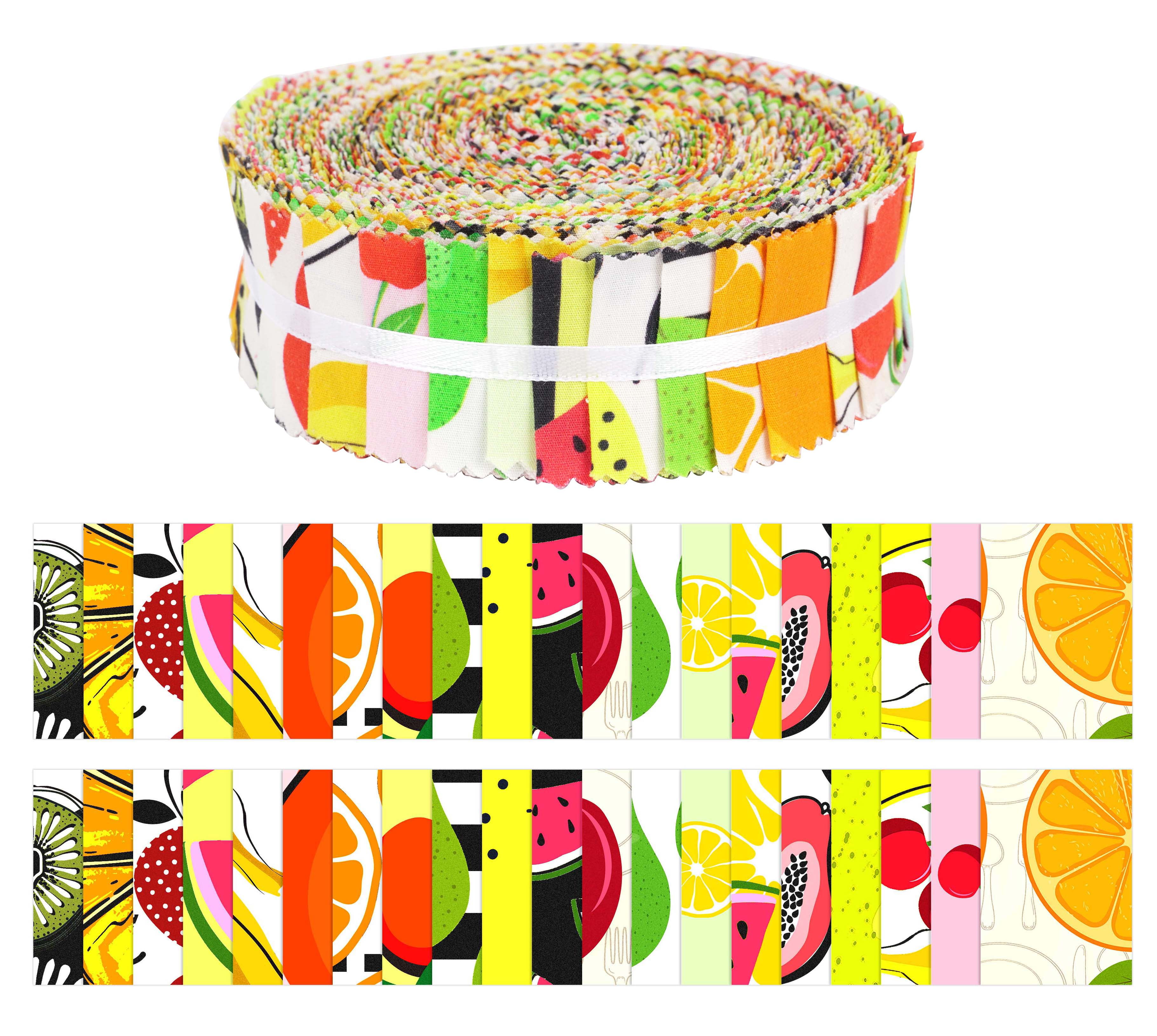Soimoi 40Pcs Fruits Print Precut Fabrics Strips Roll Up 1.5x42 inches Cotton Jelly Rolls For Quilting - Yellow
