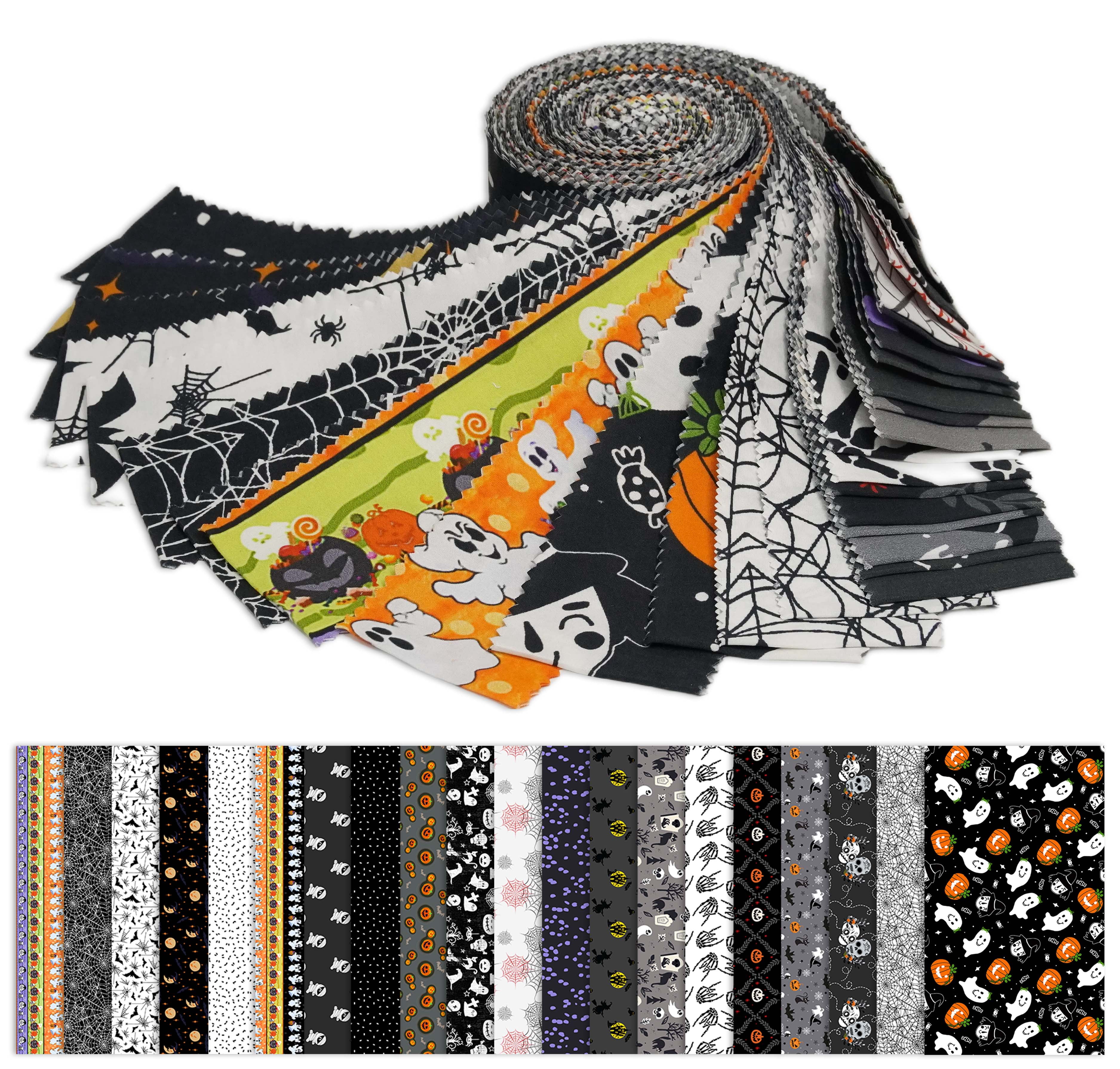 Soimoi 40Pcs Halloween Print Precut Fabrics Strips Roll Up 2.5x42inches Cotton Jelly Rolls for Quilting