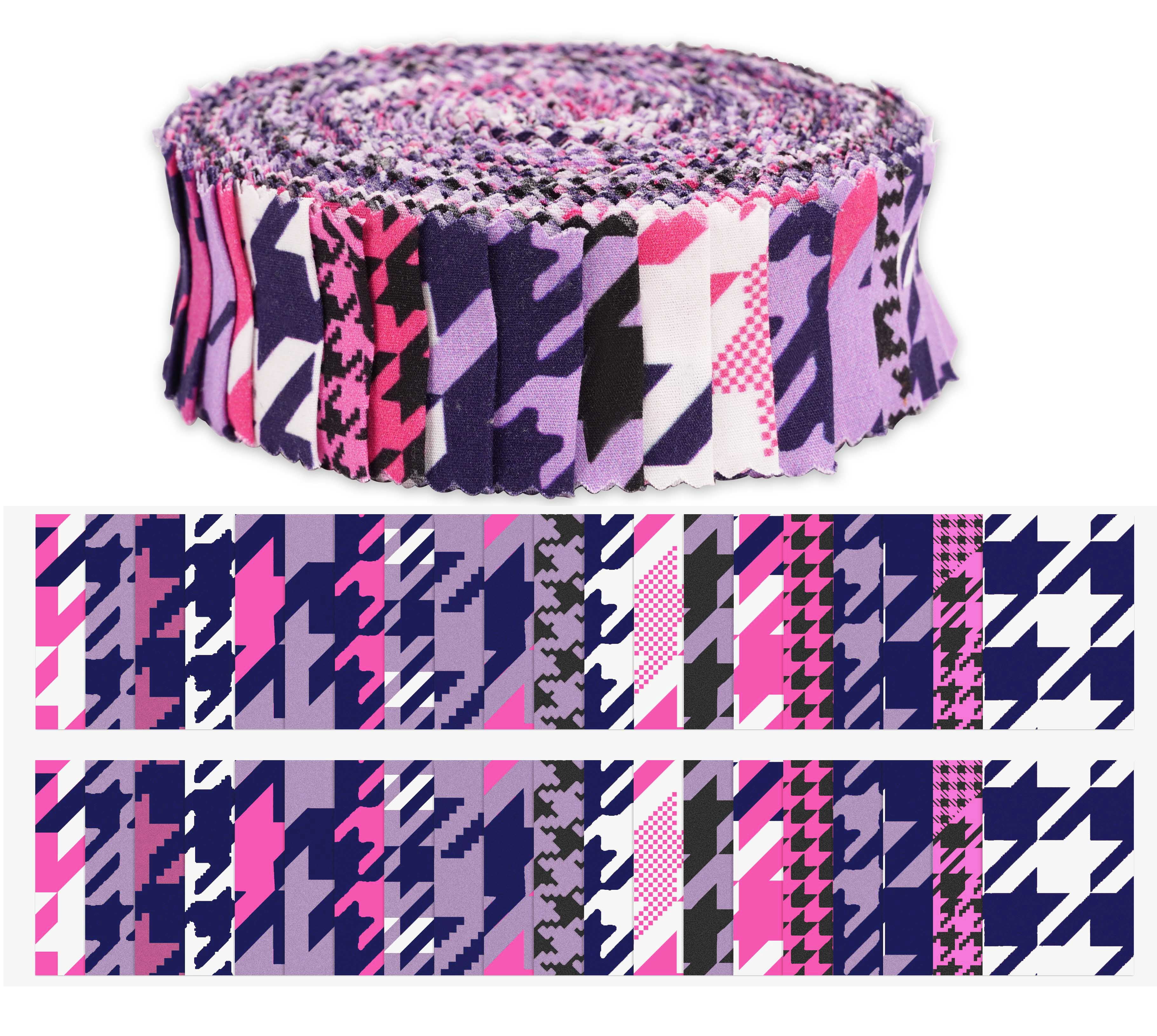 Soimoi 40Pcs Houndstooth Print Precut Fabrics Strips Roll Up 1.5x42inches Cotton Jelly Rolls For Quilting - Purple & Pink