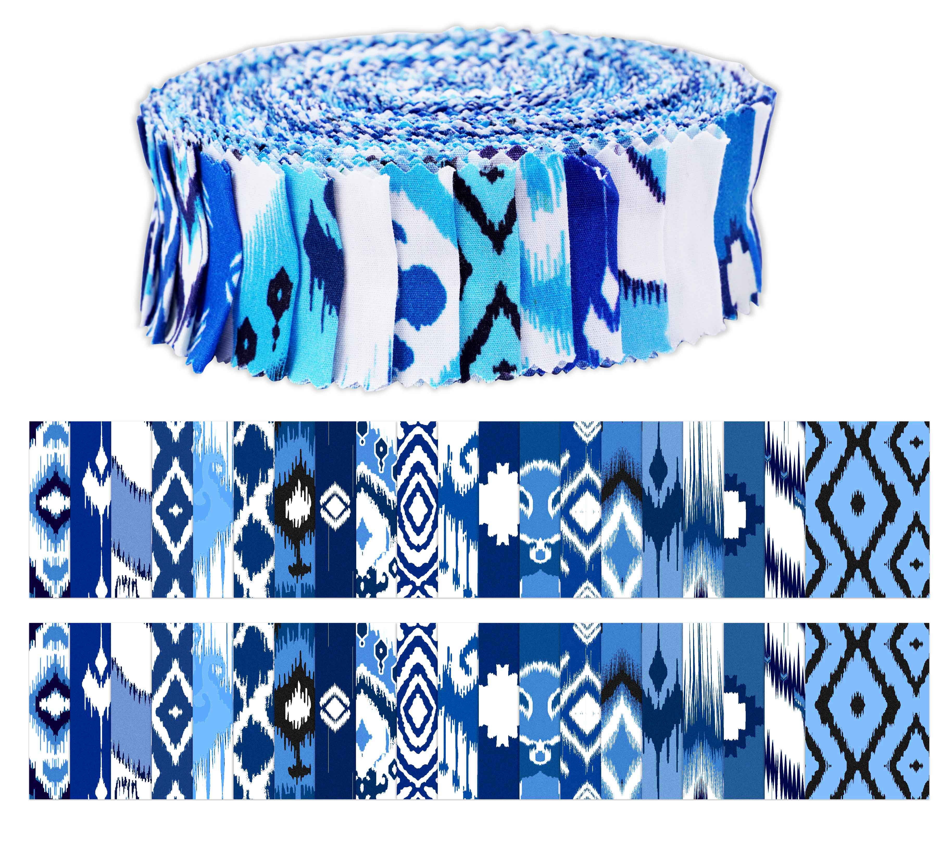 Soimoi 40Pcs Ikat Print Precut Fabrics Strips Roll Up 1.5x42inches Cotton Jelly Rolls For Quilting - Blue