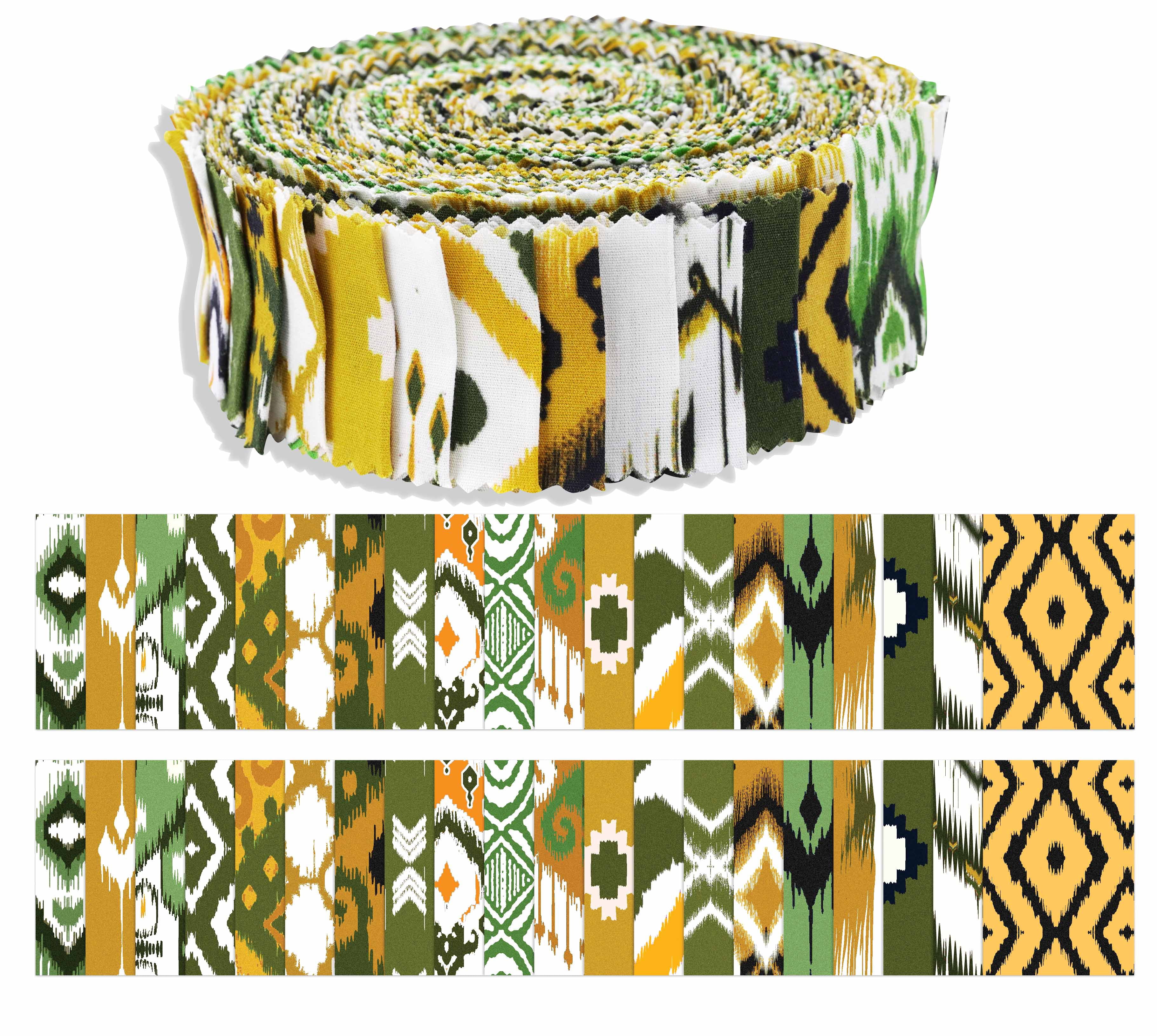 Soimoi 40Pcs Ikat Print Precut Fabrics Strips Roll Up 1.5x42inches Cotton Jelly Rolls For Quilting - Green, White & Mustard
