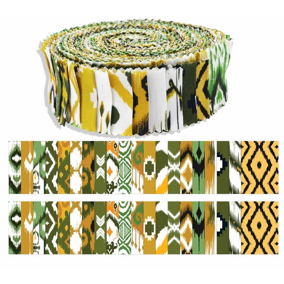 Soimoi 40Pcs Ikat Print Precut Fabrics Strips Roll Up 1.5x42inches Cotton Jelly Rolls For Quilting - Green, White & Mustard
